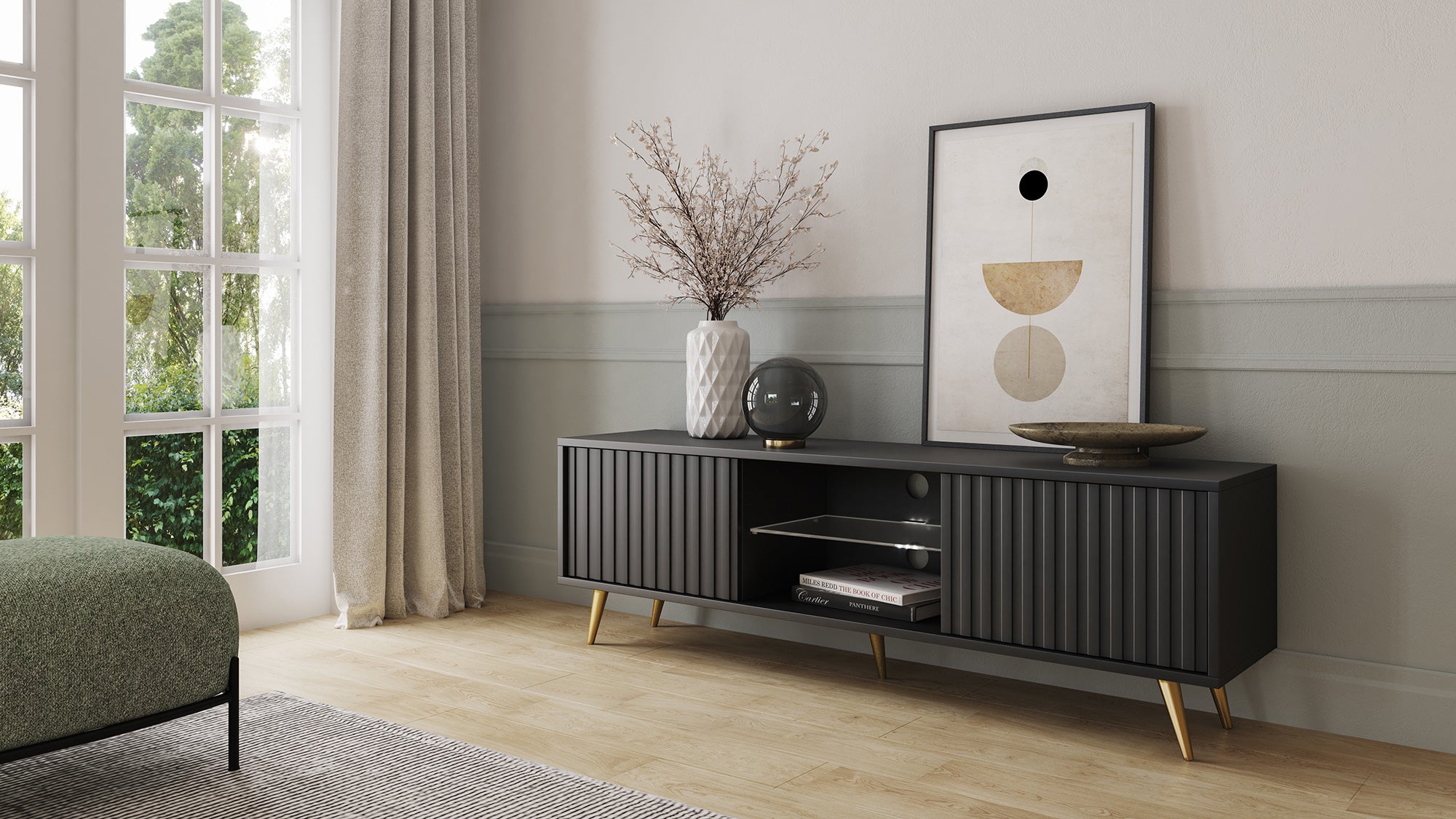 TV-Schrank Bello mit Lamellenfronten, 135 cm, schwarz mit goldenen Beinen