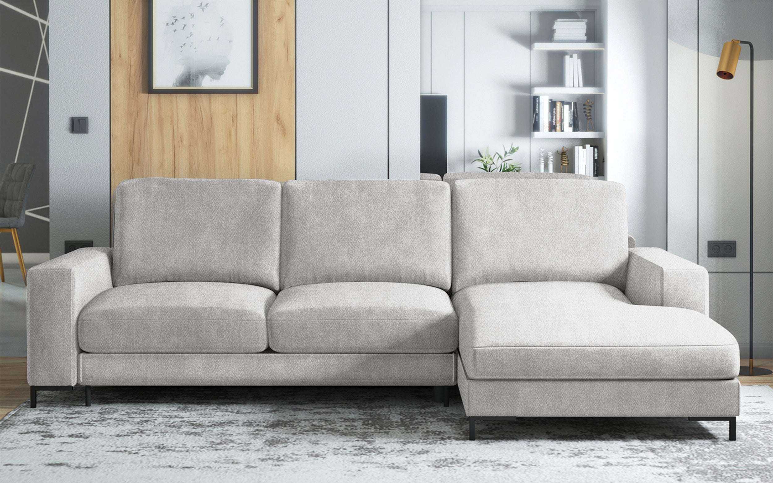 Ecksofa mit Schlaffunktion Mokpeo, L-förmig, mit zwei Stauraumfächern, schwarzen Füßen, grauer, pflegeleichter Samt, rechtsseitig
