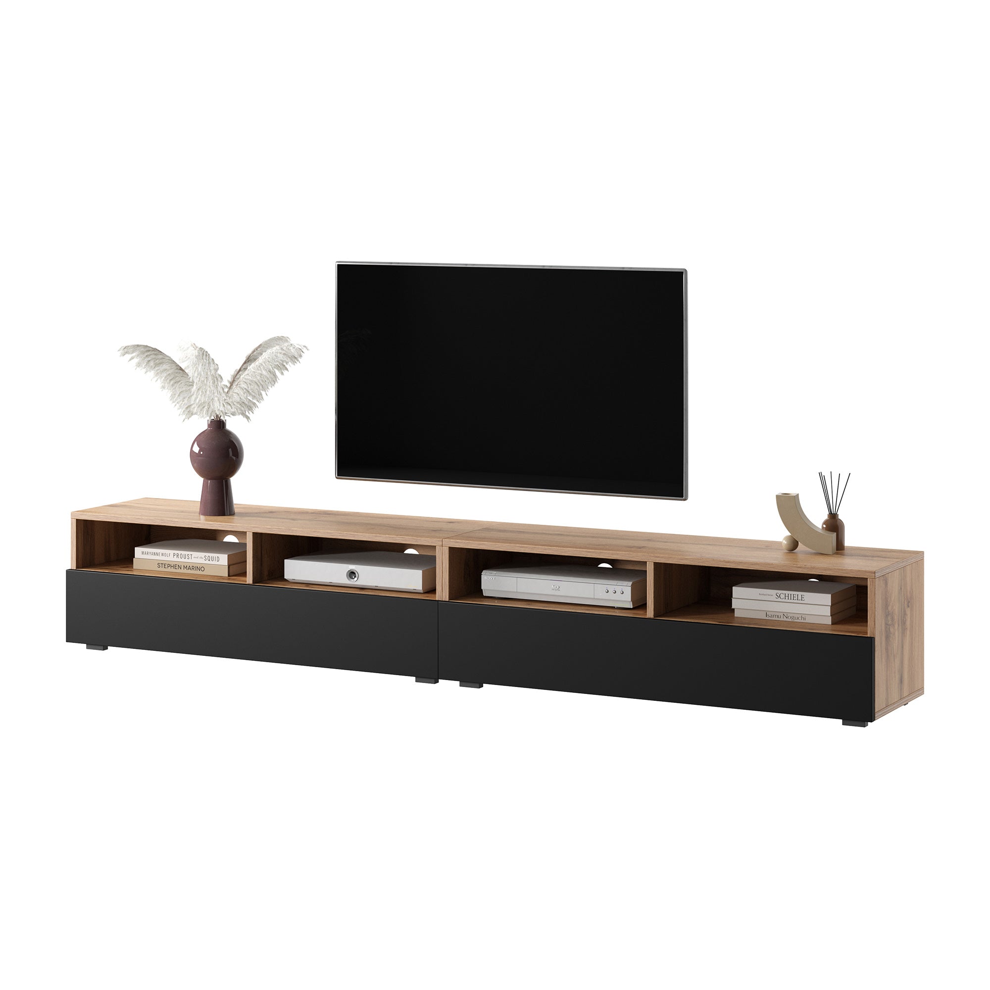 TV-Schrank mit zwei Schubladen Rednaw 200 cm Wotan-Eiche / Hochglanz Schwarz mit Beleuchtung