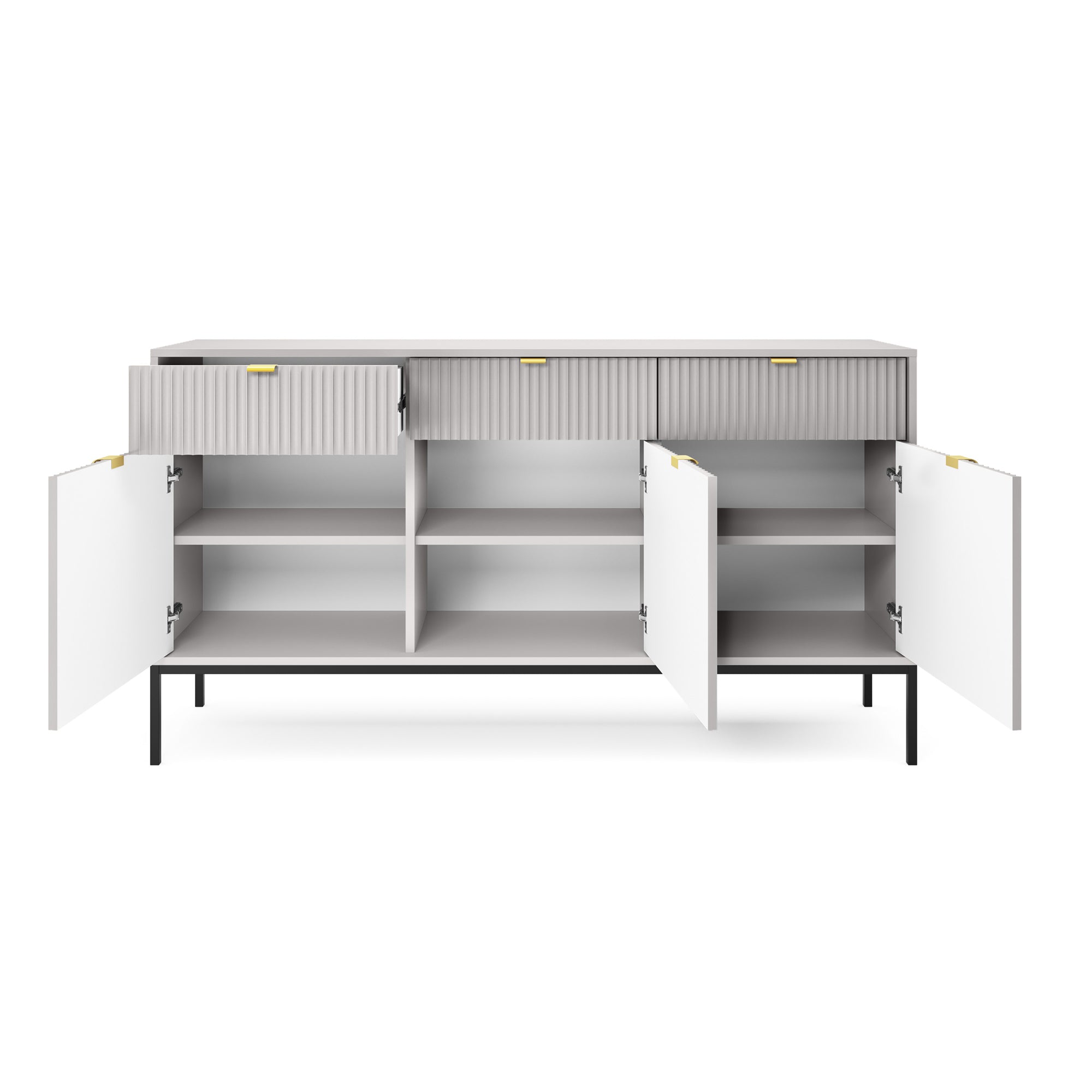 Drehtür-Kommode Vellore 154 cm grau mit gerillten Fronten und goldenen Griffen