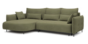 Ecksofa Oblivio mit Schlafunktion, L-förmig, mit Stauraum, olivgrüner Samt, linksseitig, wasserabweisend