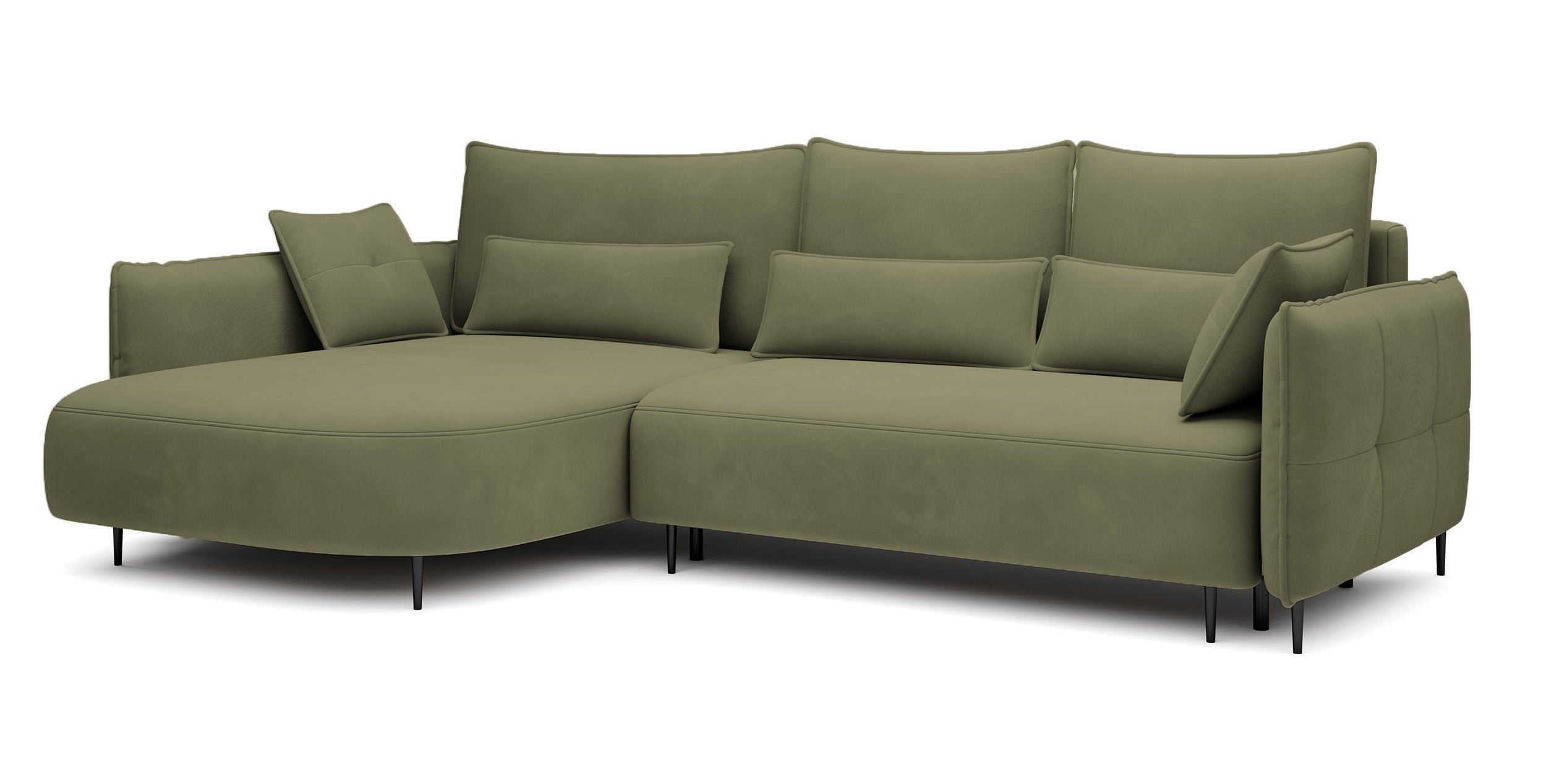 Ecksofa Oblivio mit Schlafunktion, L-förmig, mit Stauraum, olivgrüner Samt, linksseitig, wasserabweisend