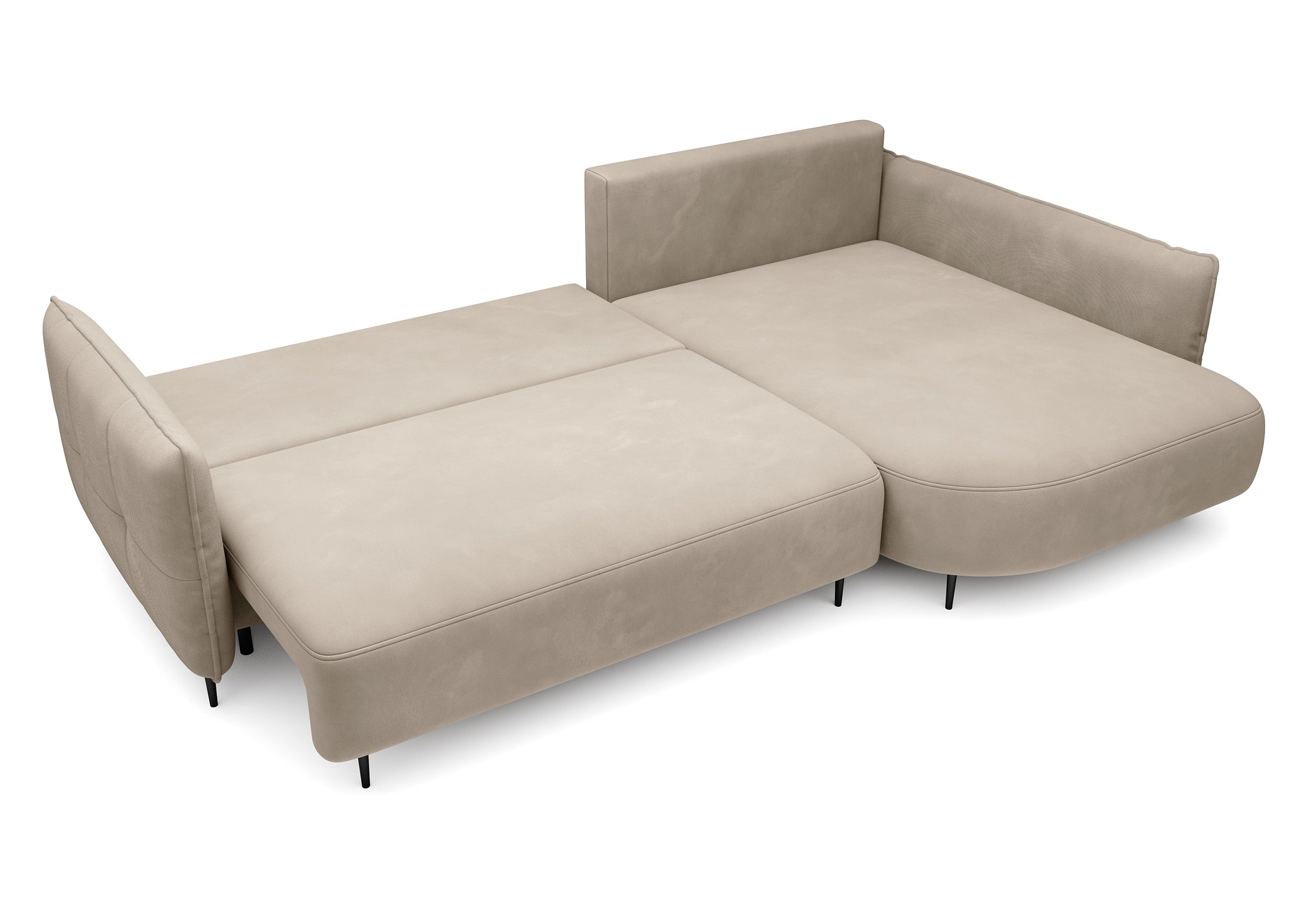 Ecksofa Oblivio mit Schlaffunktion, L-förmig, mit Stauraum, hellbeiger Samt, rechtsseitig, wasserabweisend