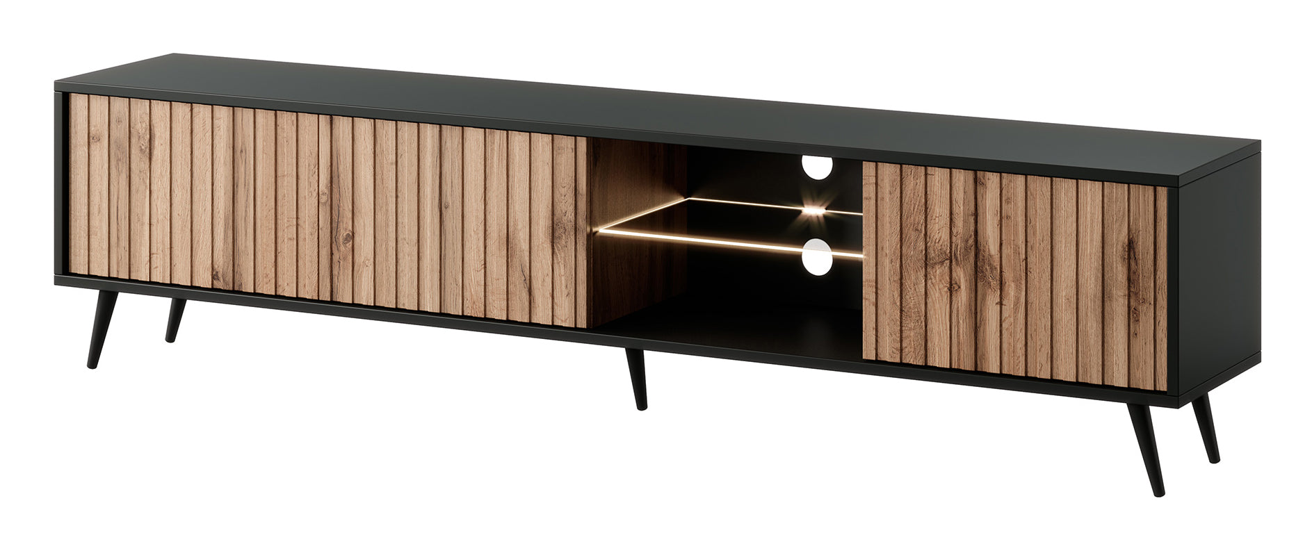 TV-Schrank Bello mit Lamellenfronten 175 cm schwarz/Wotan-Eiche mit LED