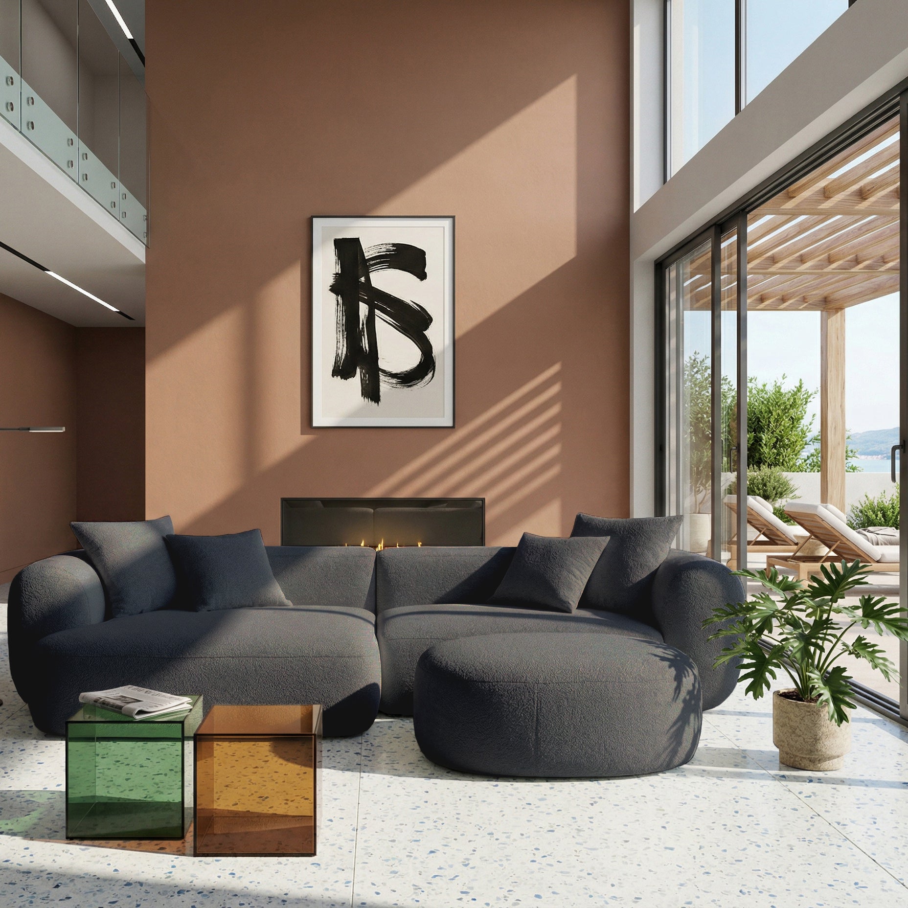 Modulares Ecksofa Baomi L-förmig mit linksseitigem Hocker, dunkelgrauer Chenille-Stoff