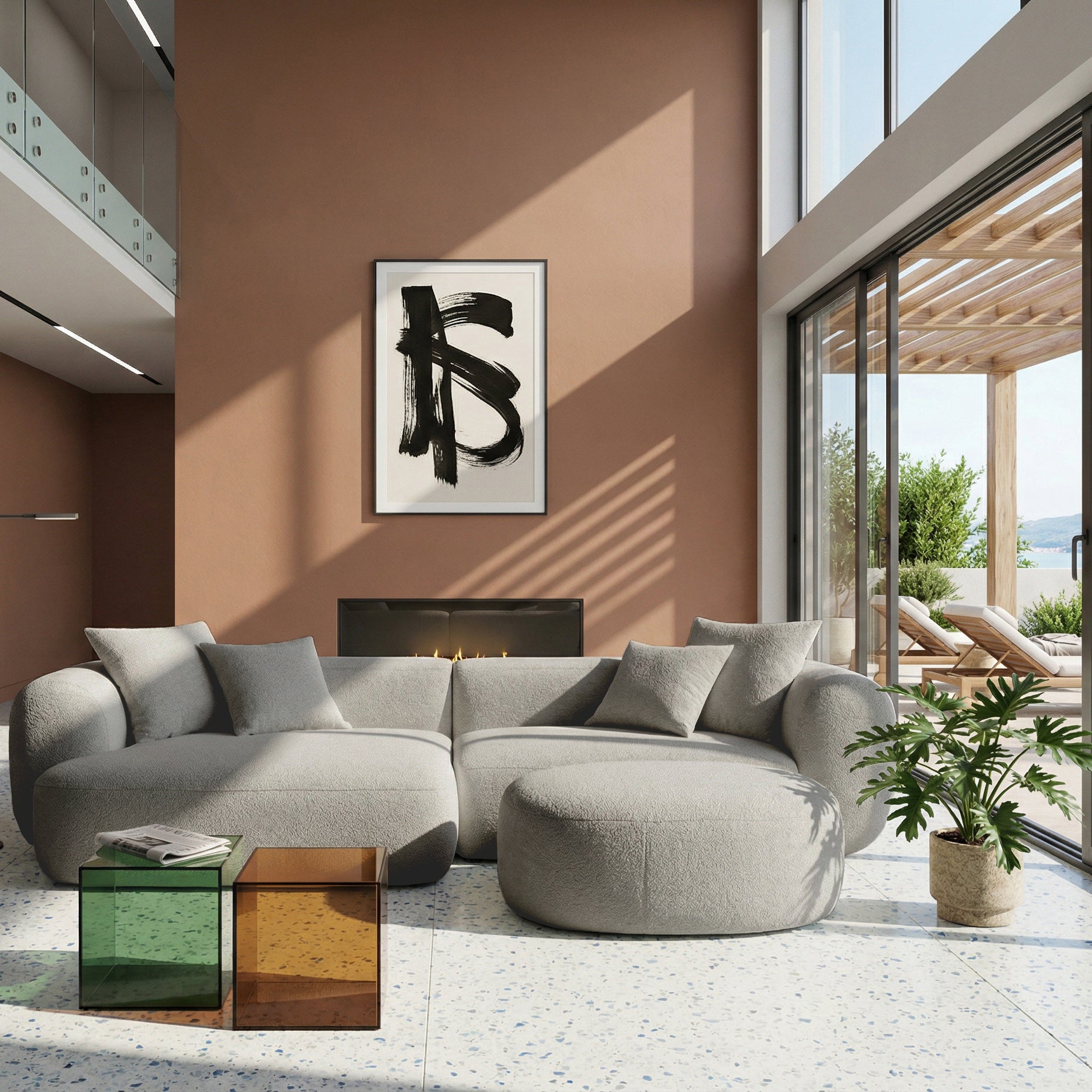Modulares Ecksofa Baomi L-förmig mit Hocker, linksseitig, hellgrauer Chenille-Stoff