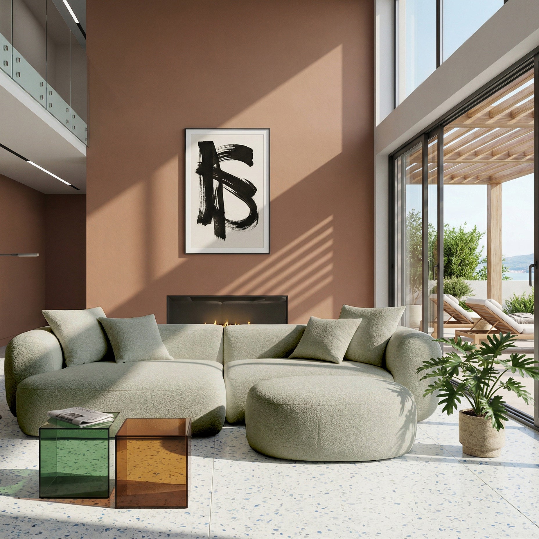 Modulares Ecksofa Baomi, L-förmig, mit Pouf, linksseitig, Salbeigrün, Chenille