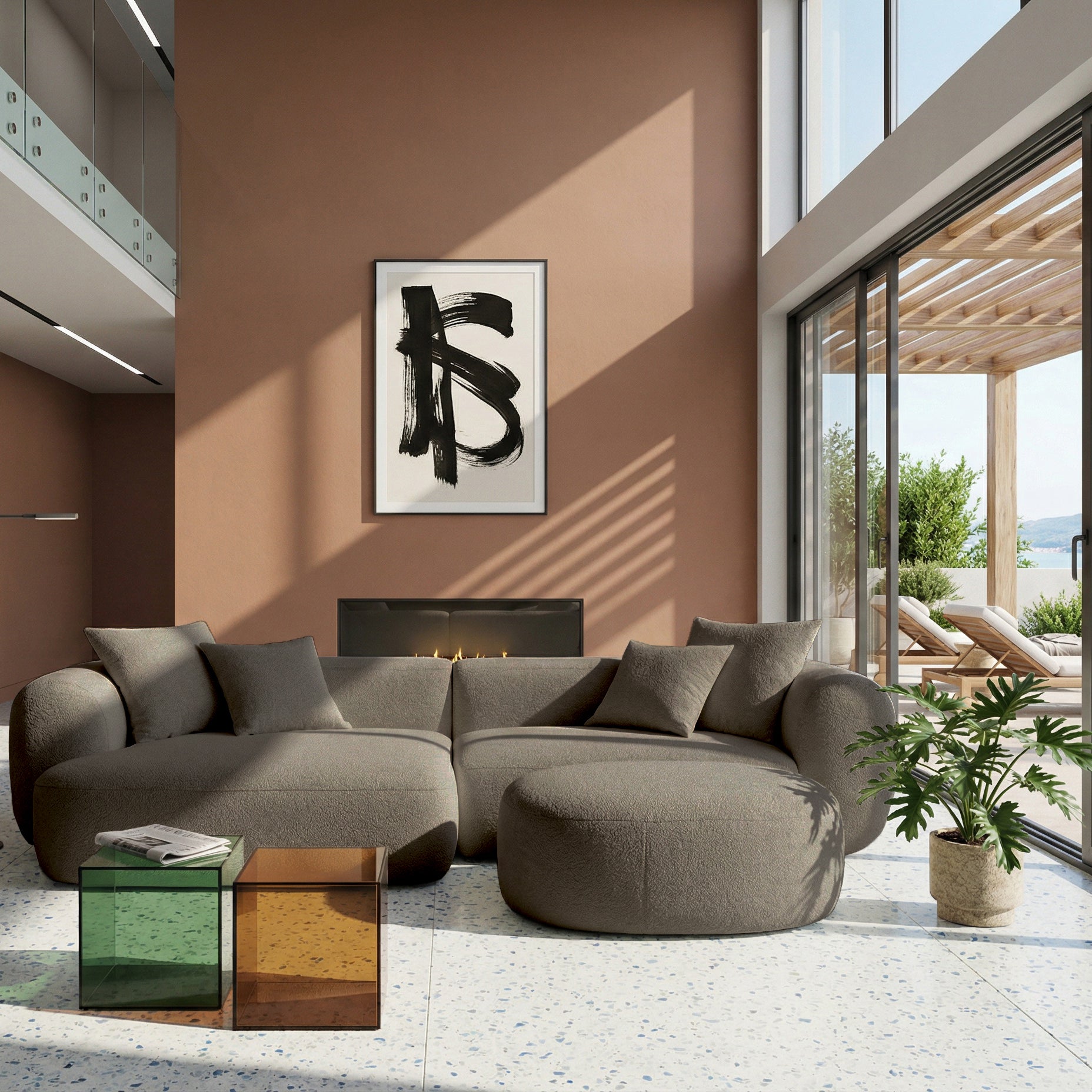 Modulares Ecksofa Baomi L-förmig mit Hocker, linksseitig, hellbrauner Chenillestoff