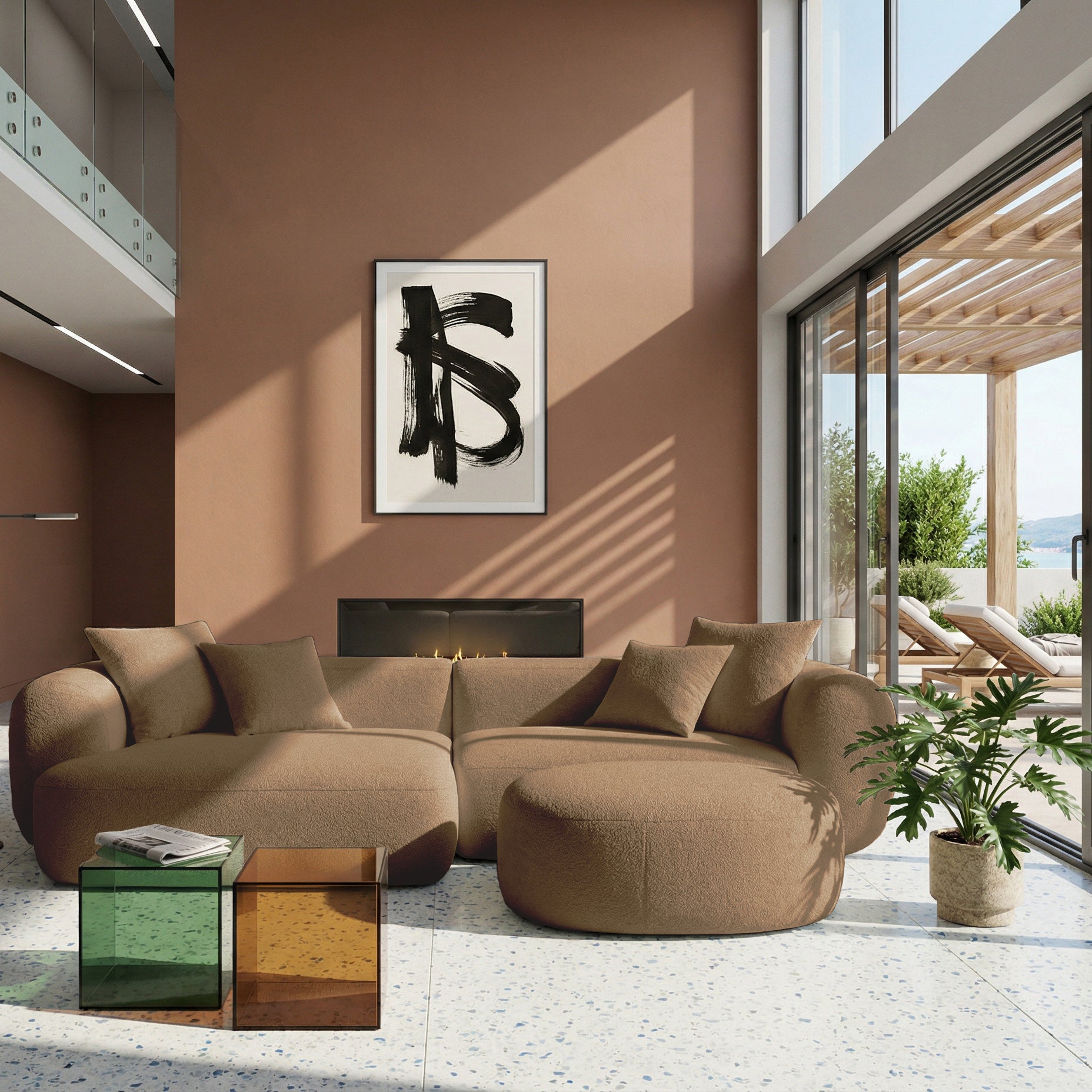 Modulares Ecksofa Baomi L-förmig mit Hocker, linksseitig, senfgelber Chenillestoff