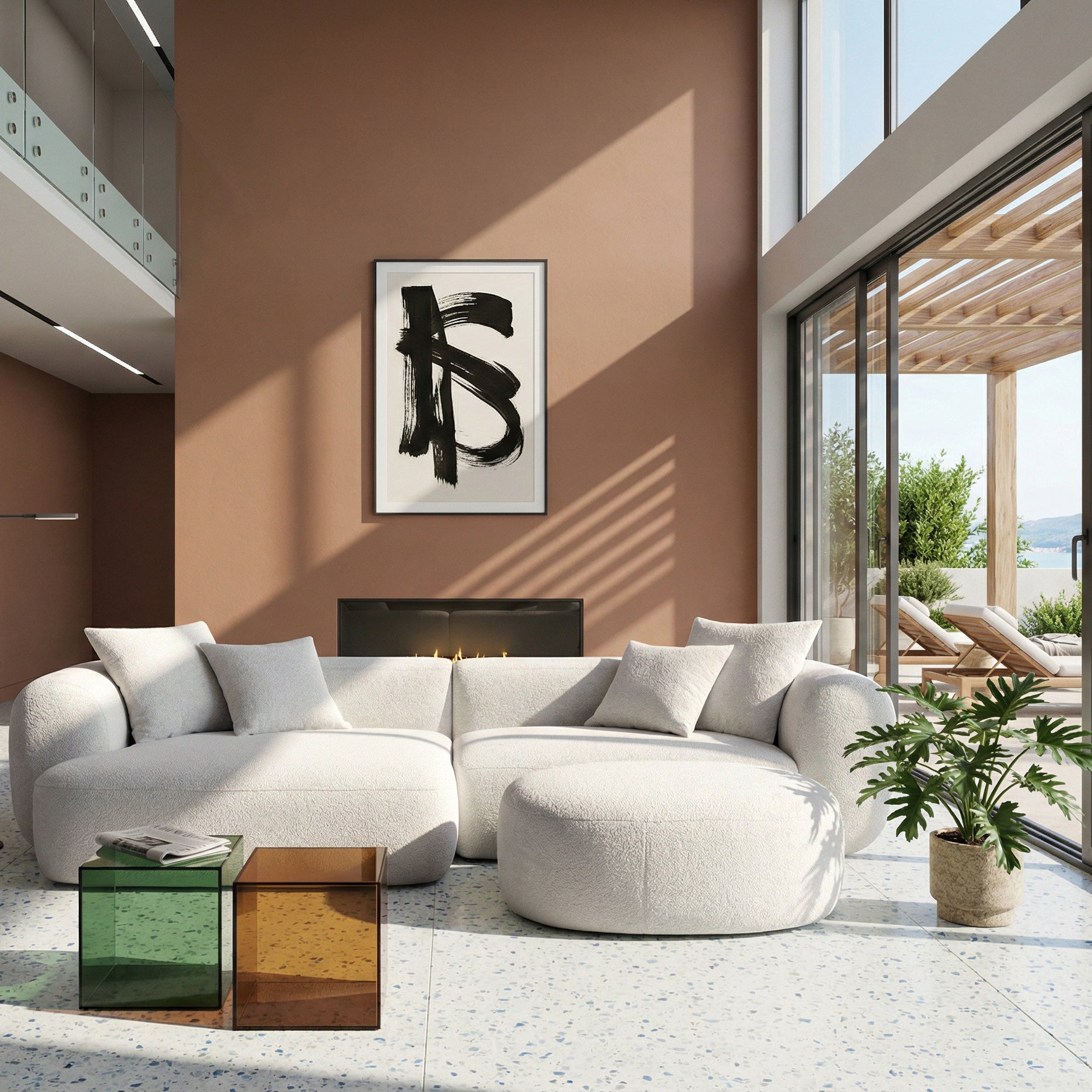 Modulare Eckcouch Baomi L-förmig mit Hocker, linksseitig, grau-beige Chenille