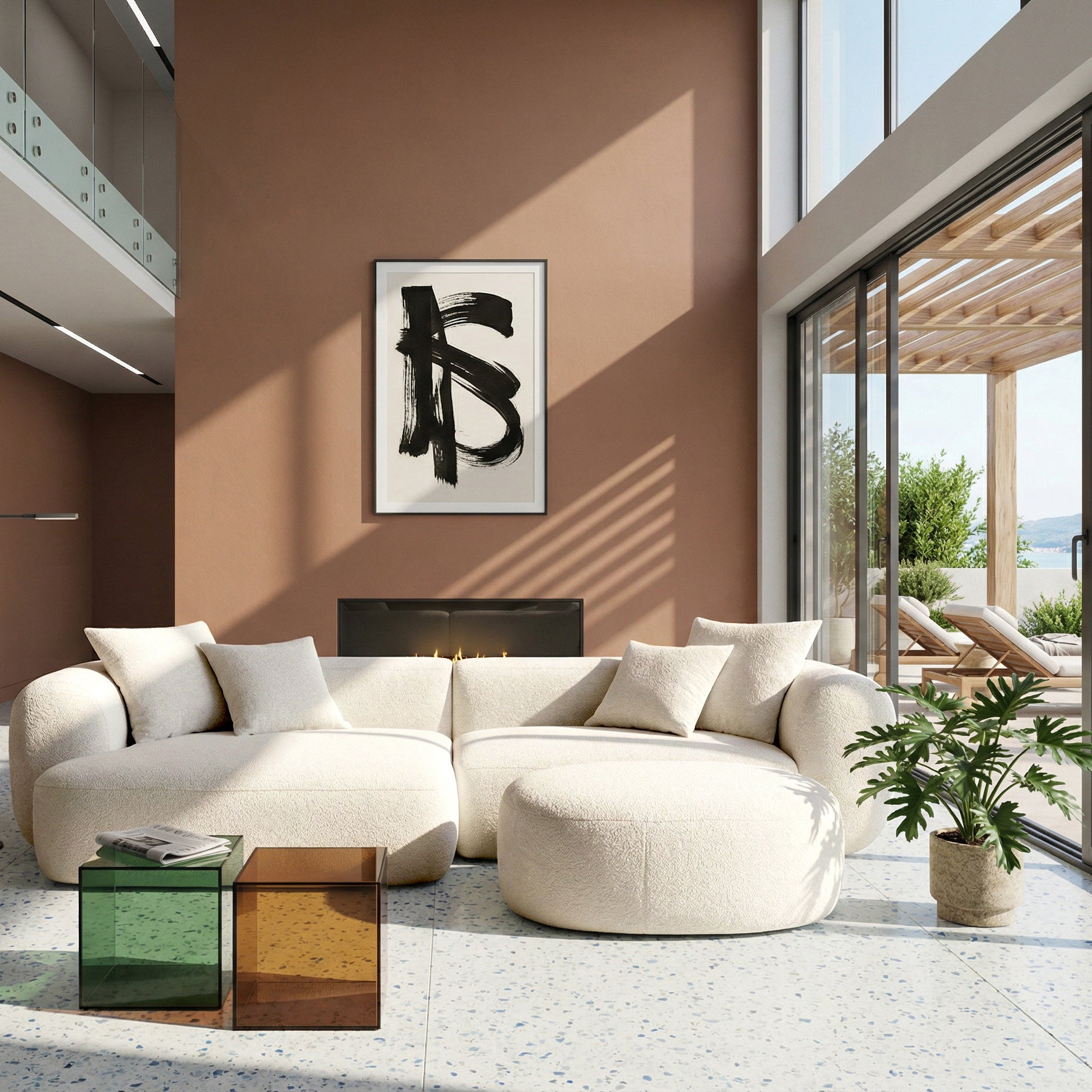 Modulares Ecksofa Baomi, L-förmig, mit Hocker, linksseitig, cremefarbenes Chenille