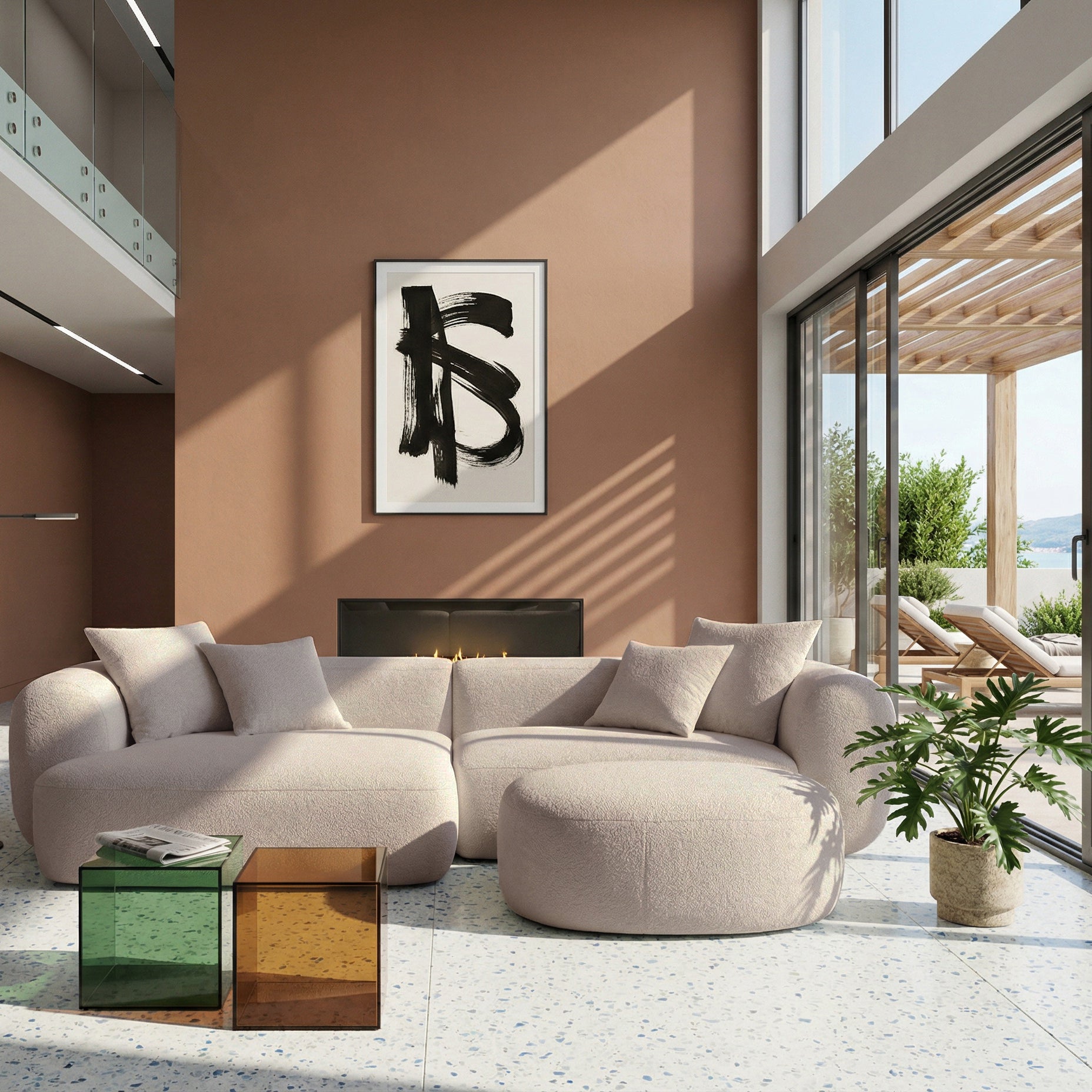 Modulares Ecksofa Baomi L-förmig mit Hocker, linksseitig, hellbeige Chenille