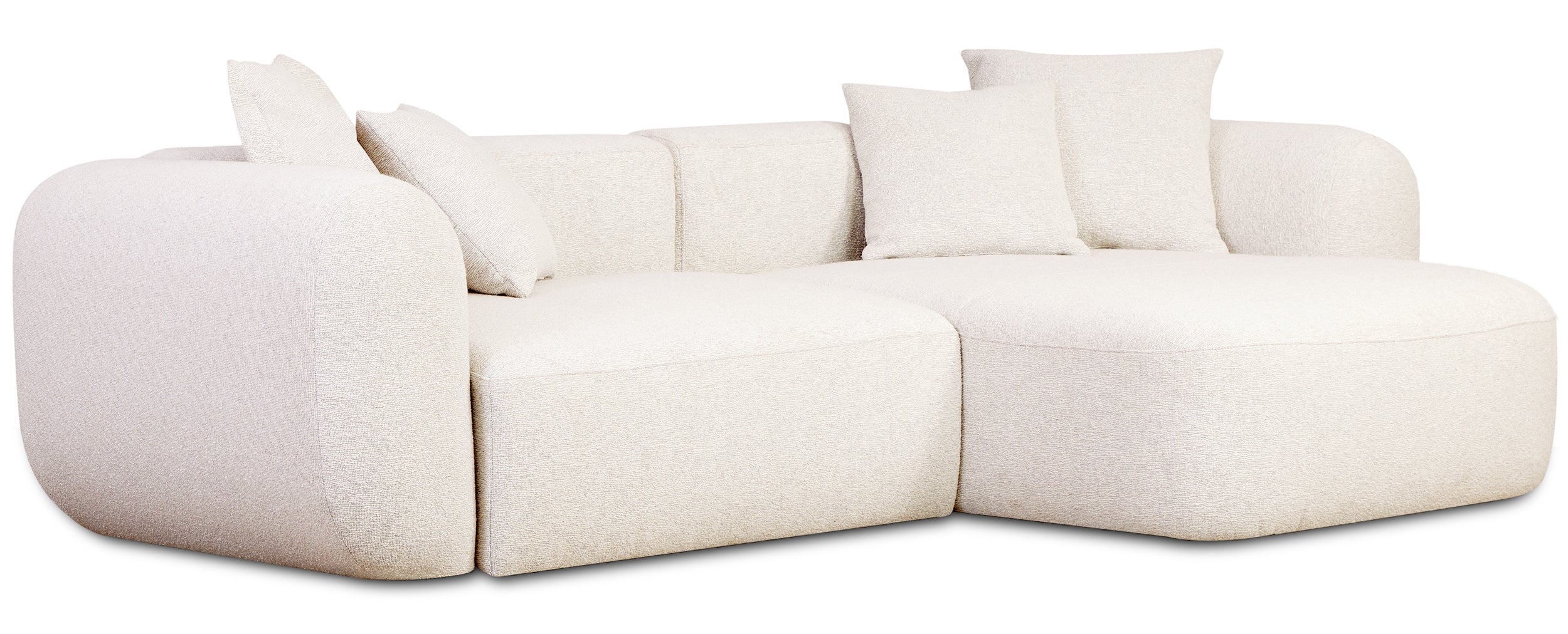 Modulare Eckcouch Baomi L-förmig mit Hocker, rechtsseitig, cremefarbenes Chenille