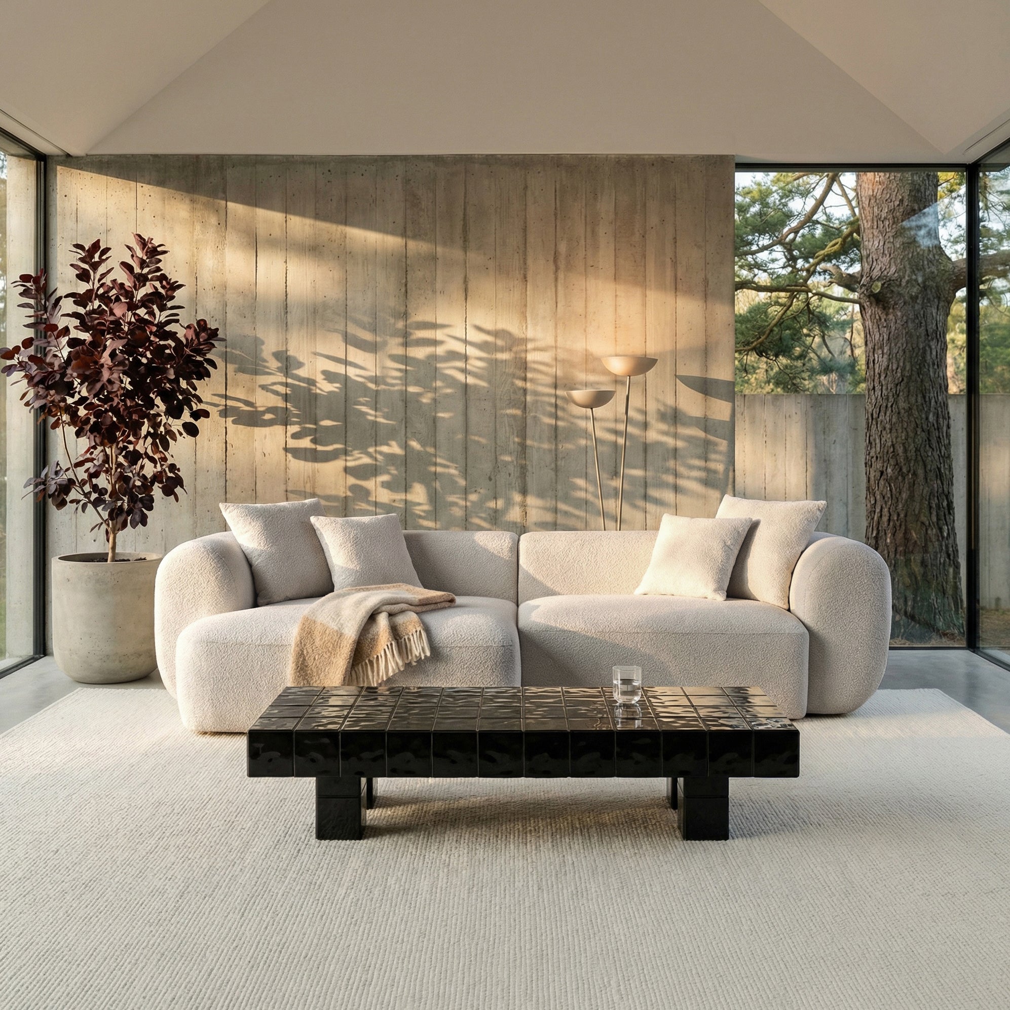 Modulares Ecksofa Baomi L-förmig mit Hocker, linksseitig, hellbeige Chenille