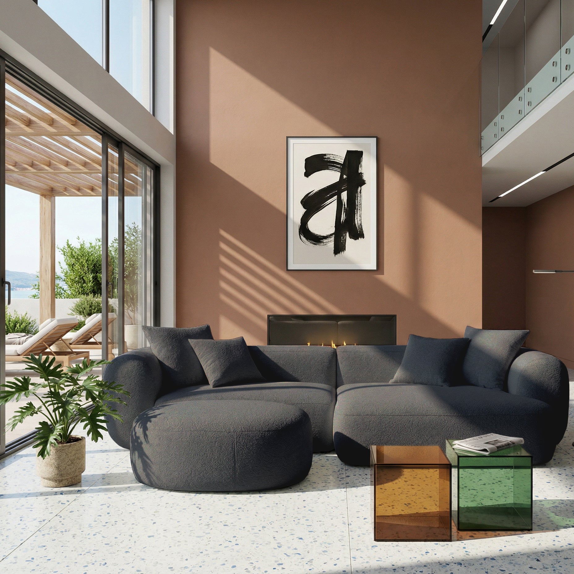 Modulares Ecksofa Baomi L-förmig mit Hocker, rechtsseitig, dunkelgrauer Chenille-Stoff
