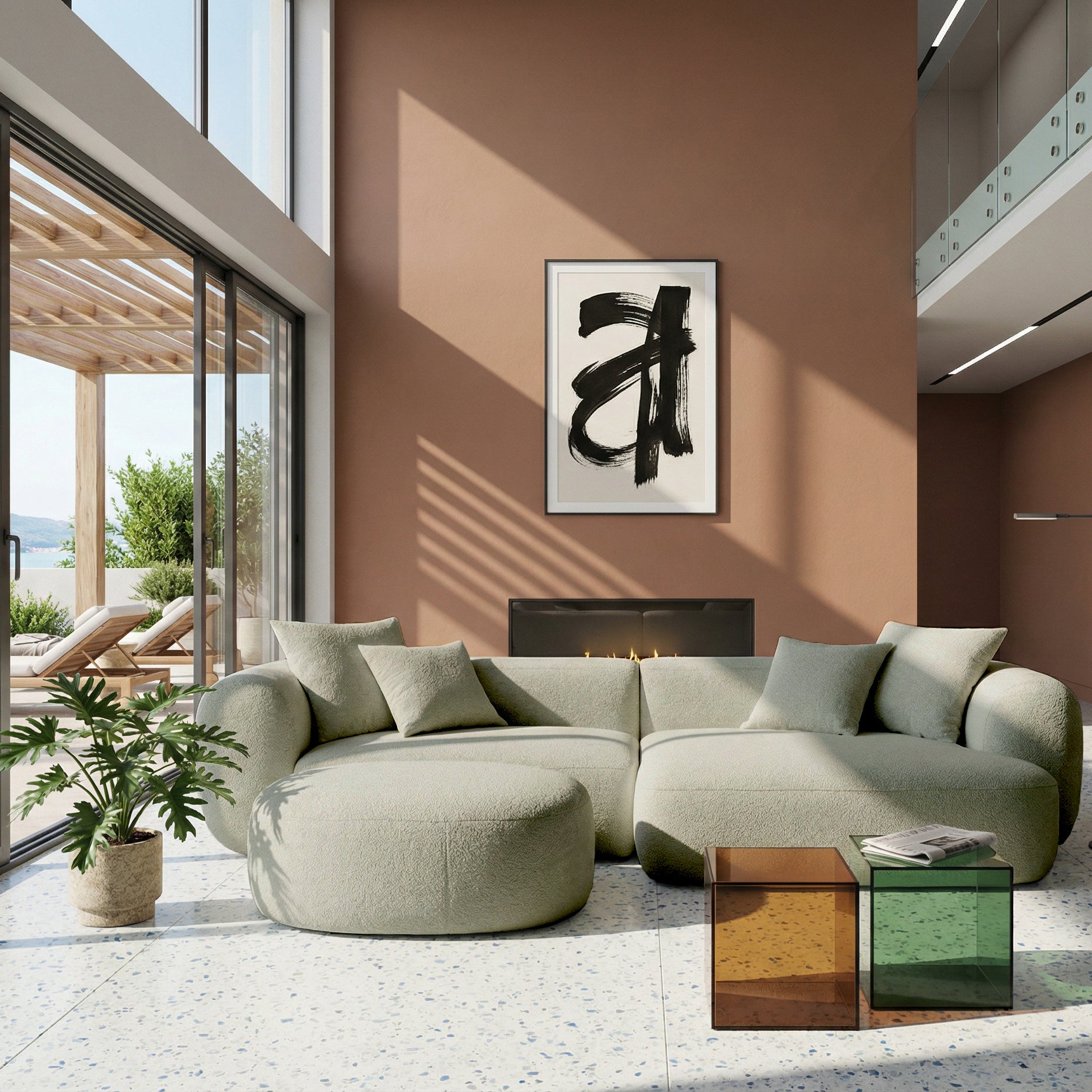 Modulares Ecksofa Baomi, L-förmig, mit Pouf, rechtsseitig, Salbeigrün, Chenille