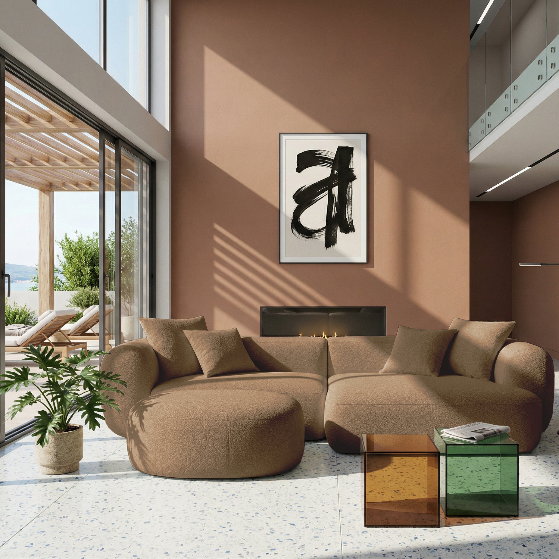 Modulares Ecksofa Baomi in L-Form mit Ottomanen, rechtsseitig, senfgelber Chenillestoff