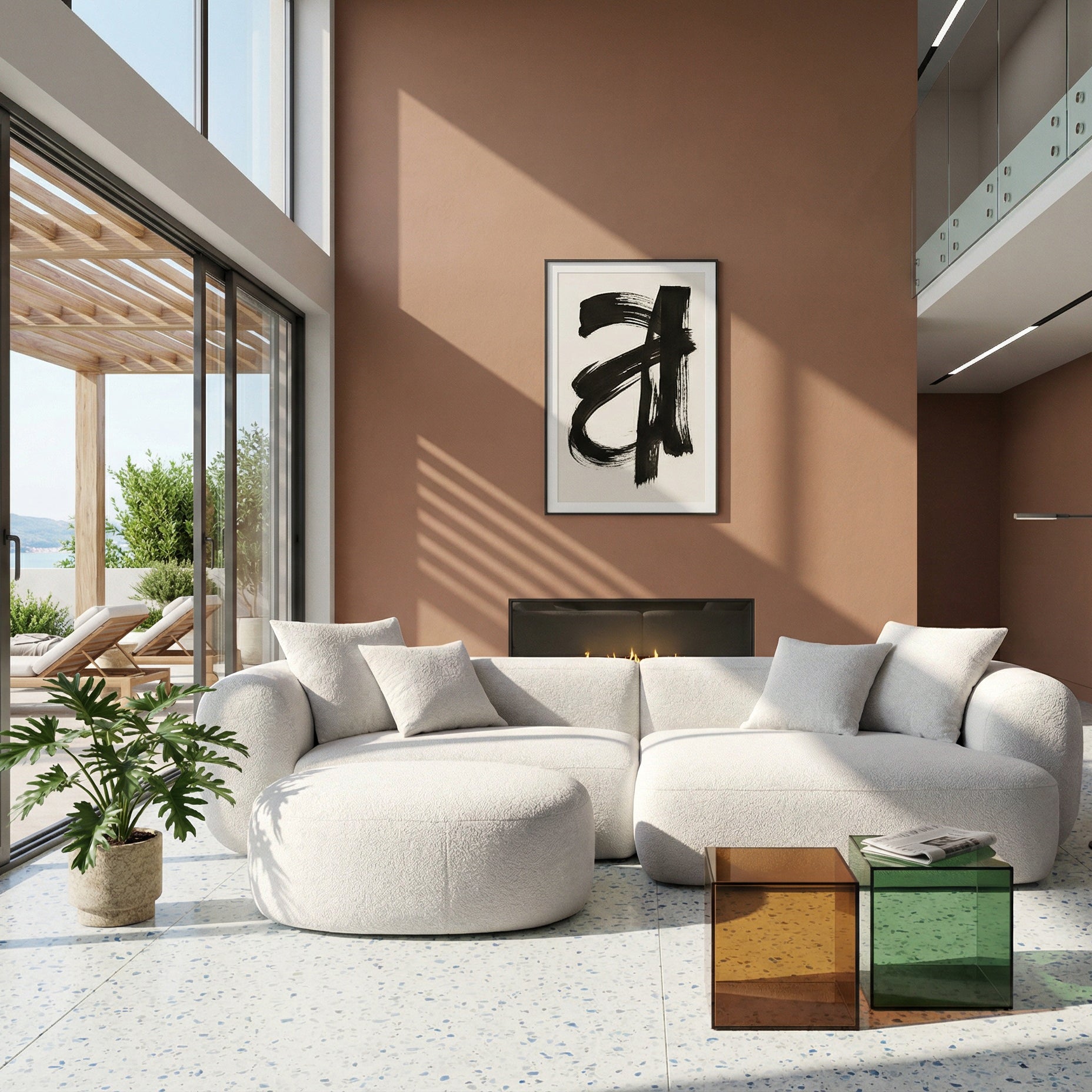Modulares Baomi Ecksofa in L-Form mit Pouf, rechtsseitig, grau-beige Chenille