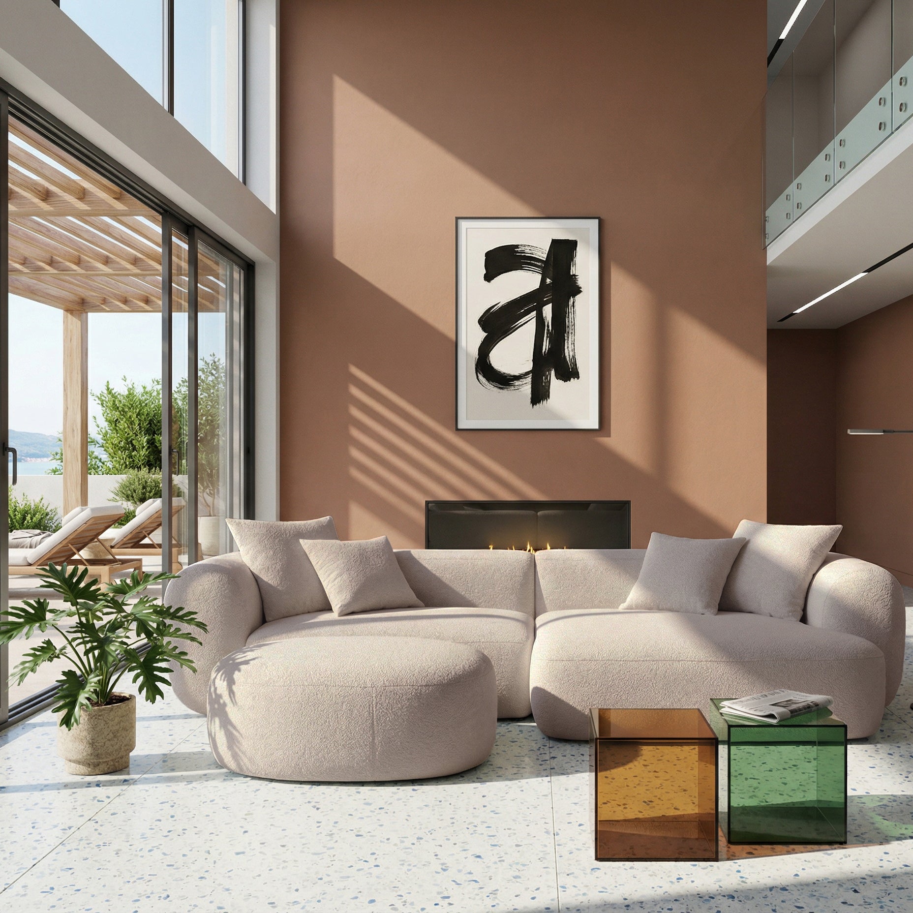 Modulares Ecksofa Baomi L-förmig mit Hocker, rechtsseitig, hellbeige Chenille