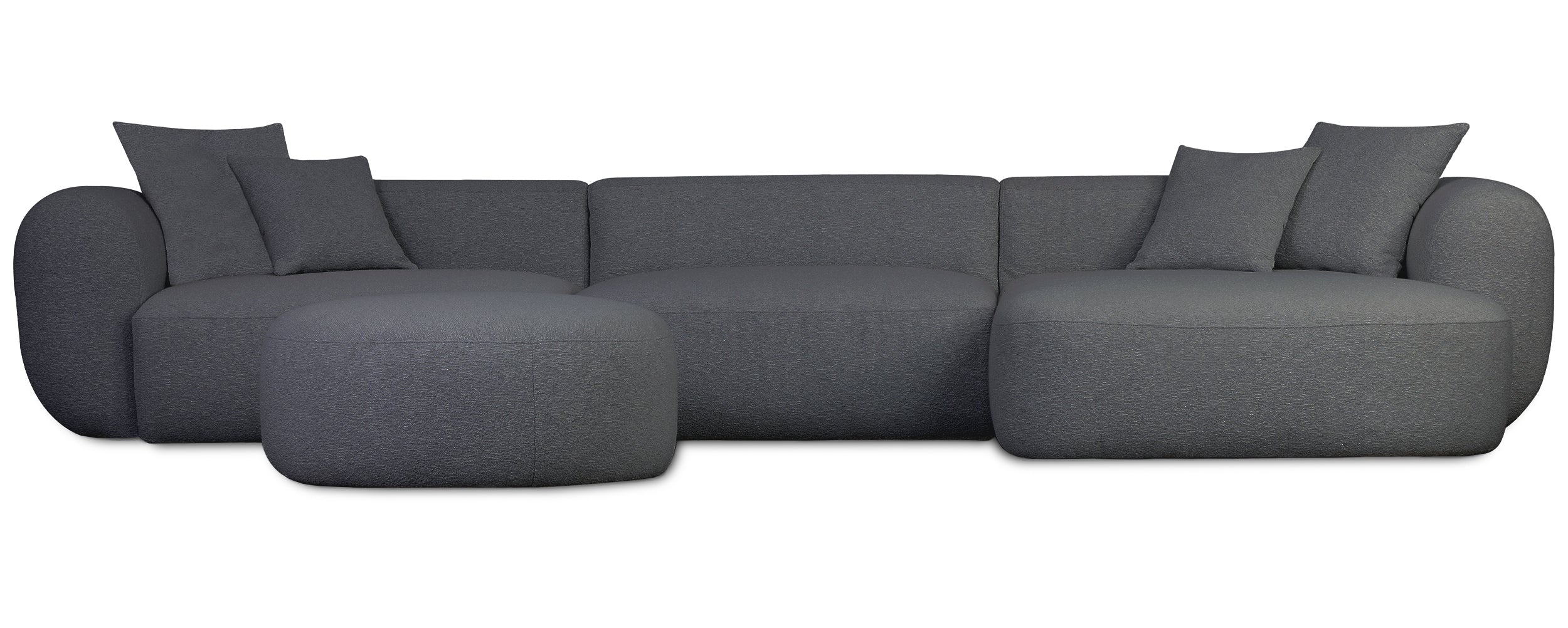 Großes, rechtseitiges, L-förmiges modulares Ecksofa Baomi mit Hocker, dunkelgrauer Chenille-Stoff