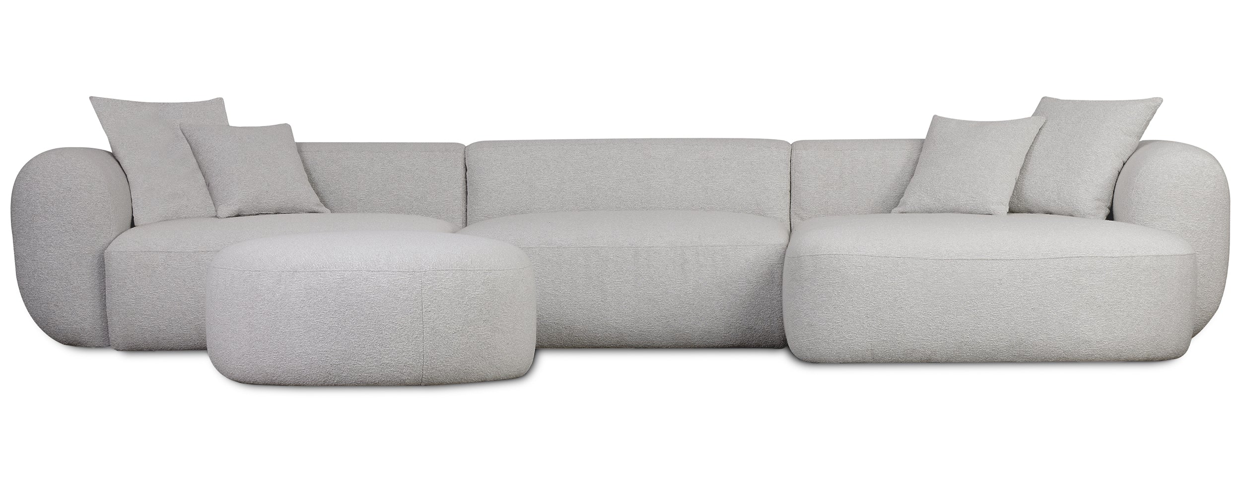 Großes, L-förmiges, modulares Ecksofa Baomi mit Hocker, rechtsseitig, hellgrauer Chenille-Stoff