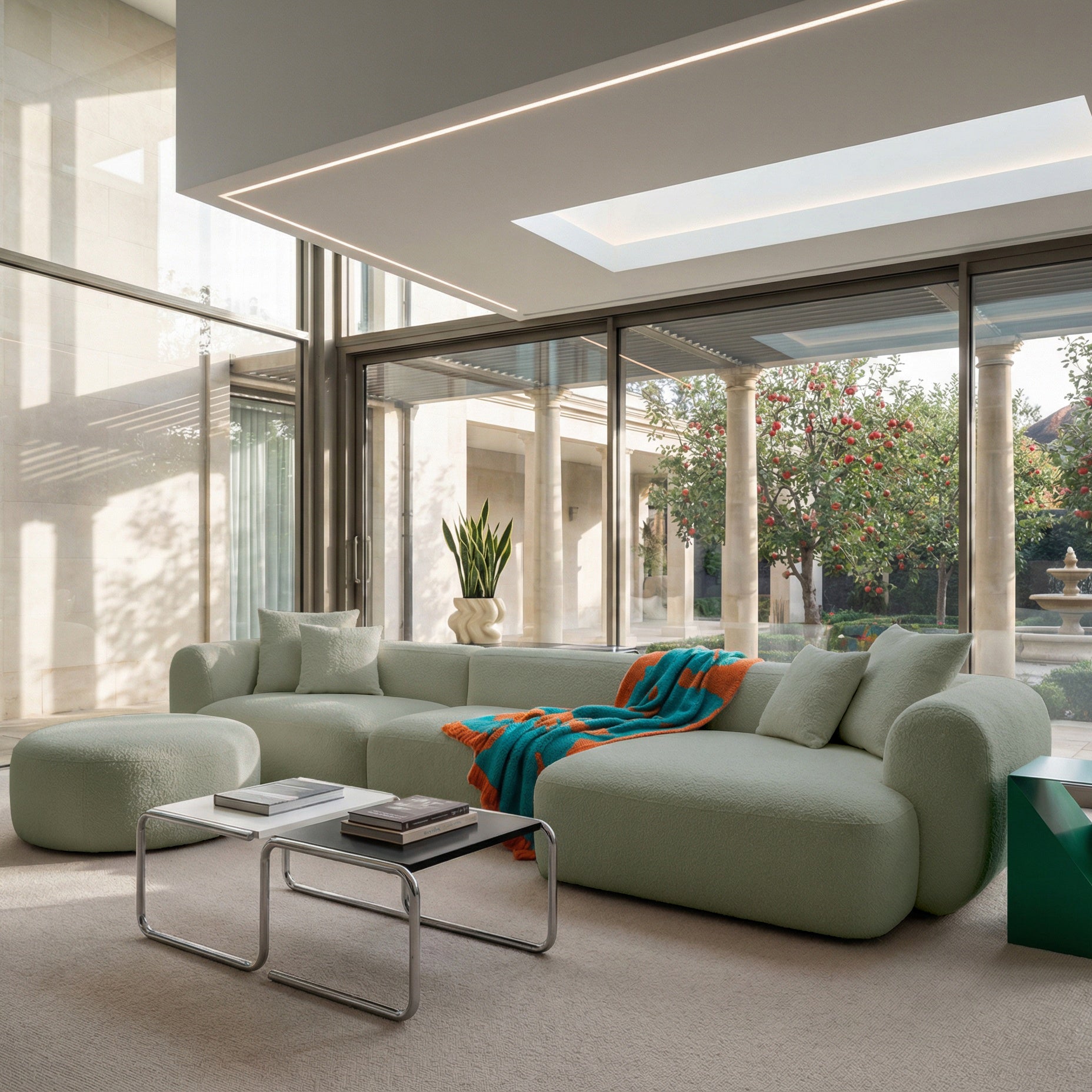 Modulares Ecksofa Baomi, großes L-förmiges, mit Hocker, rechtsseitig, Salbeigrün, Chenille