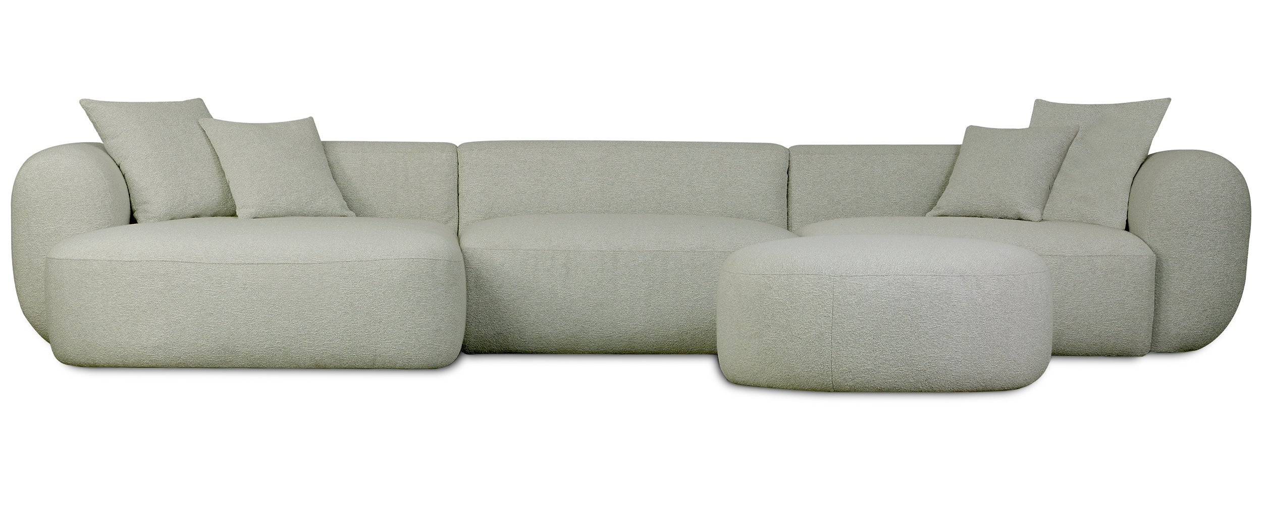Modulare Eckcouch Baomi, großes L-förmiges Sofa mit Hocker, linksseitig, salbeigrüner Chenille-Stoff