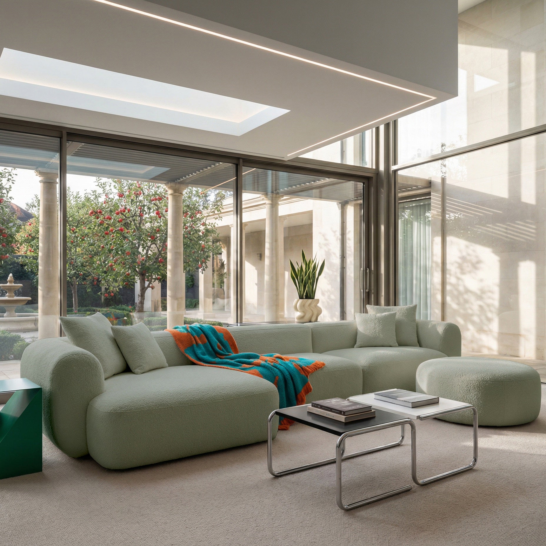 Modulare Eckcouch Baomi, großes L-förmiges Sofa mit Hocker, linksseitig, salbeigrüner Chenille-Stoff