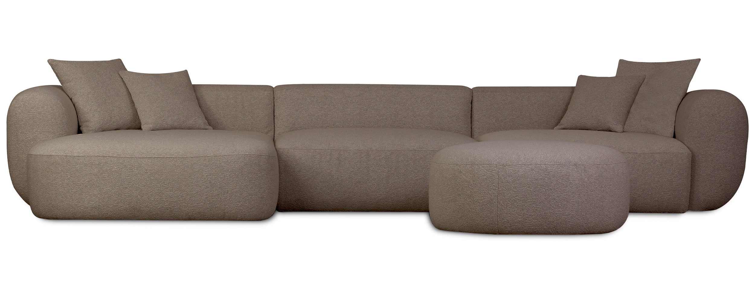 Großes L-förmiges modulares Ecksofa Baomi mit Hocker, linksseitig, hellbrauner Chenille-Bezug