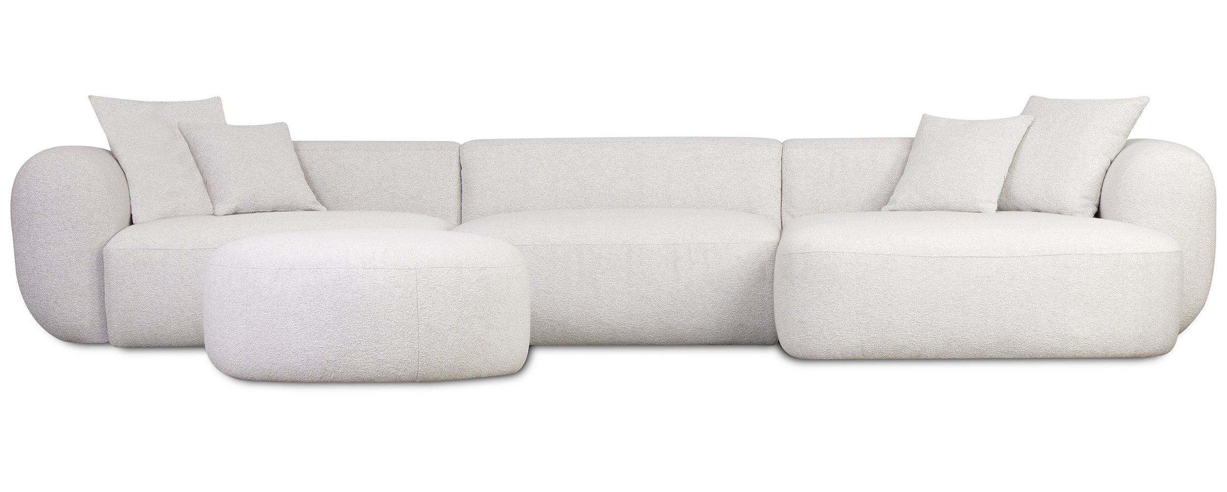 Modulares Ecksofa Baomi, großes L-förmiges, mit Pouf, rechtsseitig, grau-beige Chenille