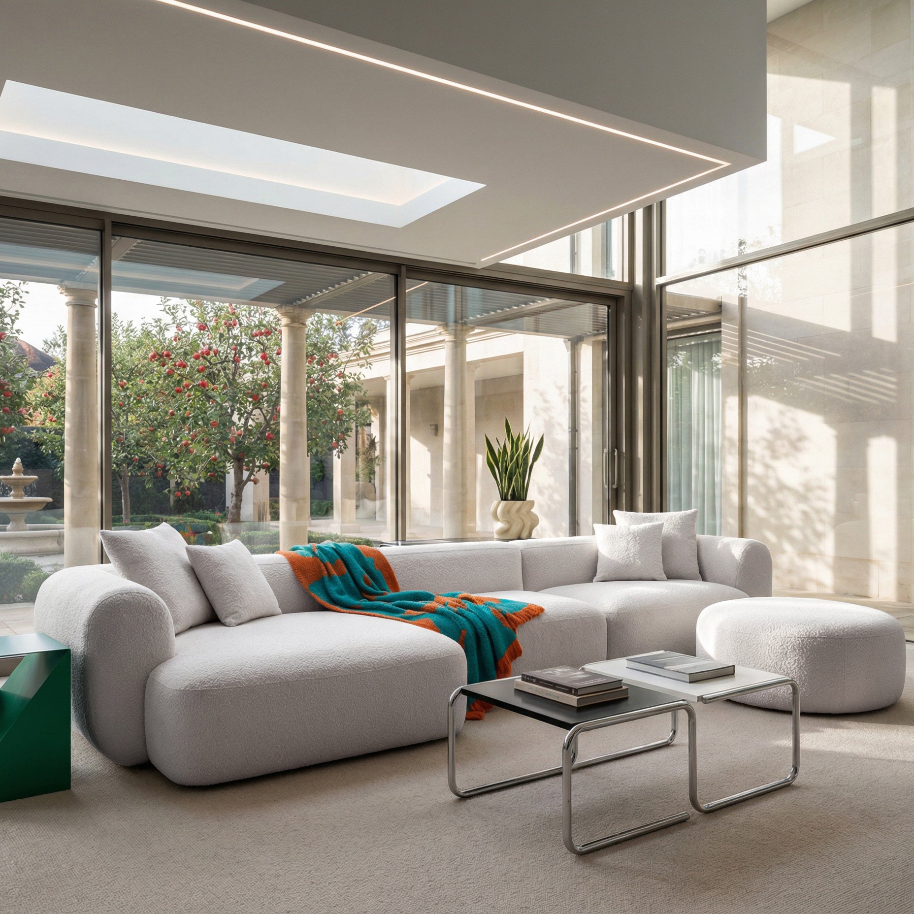 Modulares Ecksofa Baomi, groß, L-förmig, mit Pouf, linksseitig, grau-beige Chenille