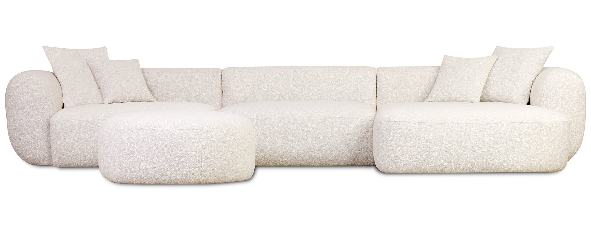 Großes, modular-eckiges Baomi-Sofa in L-Form mit Pouf, rechtsseitig, cremefarbener Chenille-Stoff