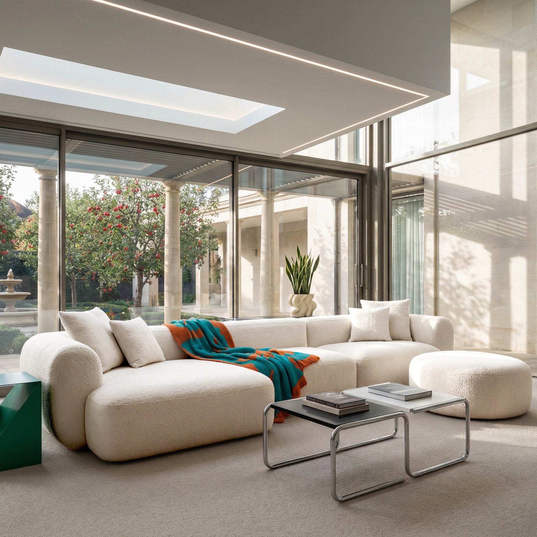Modulares Ecksofa Baomi, großes L-förmiges linksseitiges Modell mit Hocker, cremefarbener Chenille-Bezug