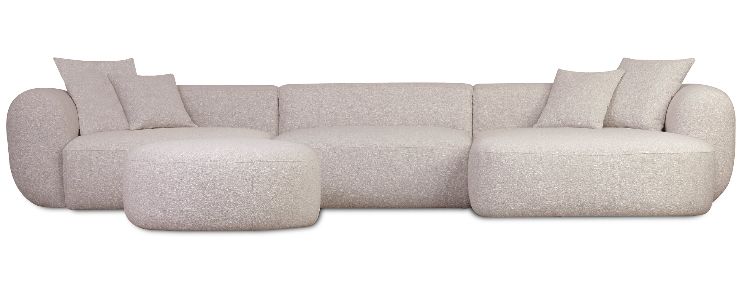Modulares Ecksofa Baomi, großes L-förmiges Sofa mit Pouf, rechtsseitig, hellbeige Chenille