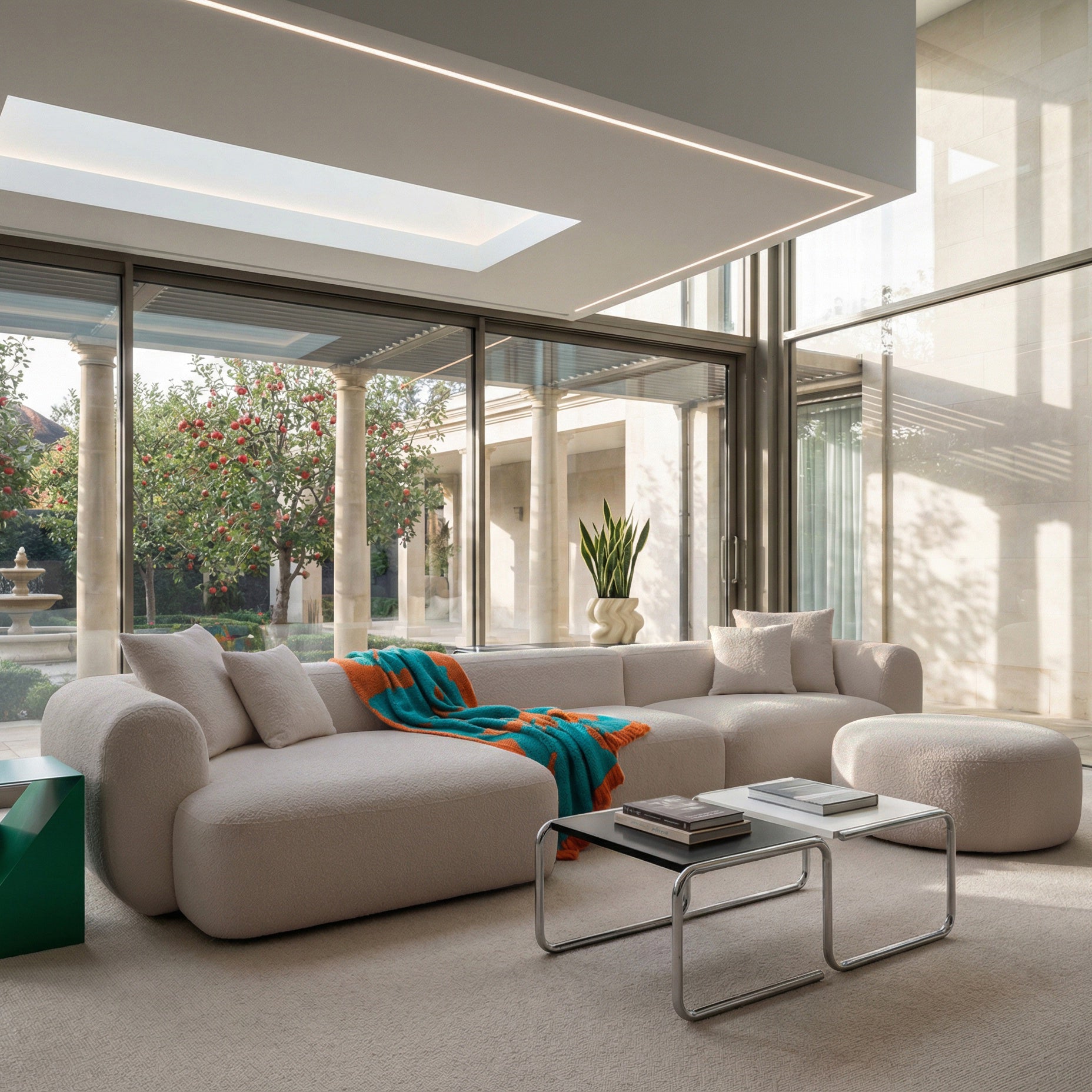 Modulares Ecksofa Baomi, großes L-förmiges Sofa mit Hocker, linksseitig, hellbeige Chenille