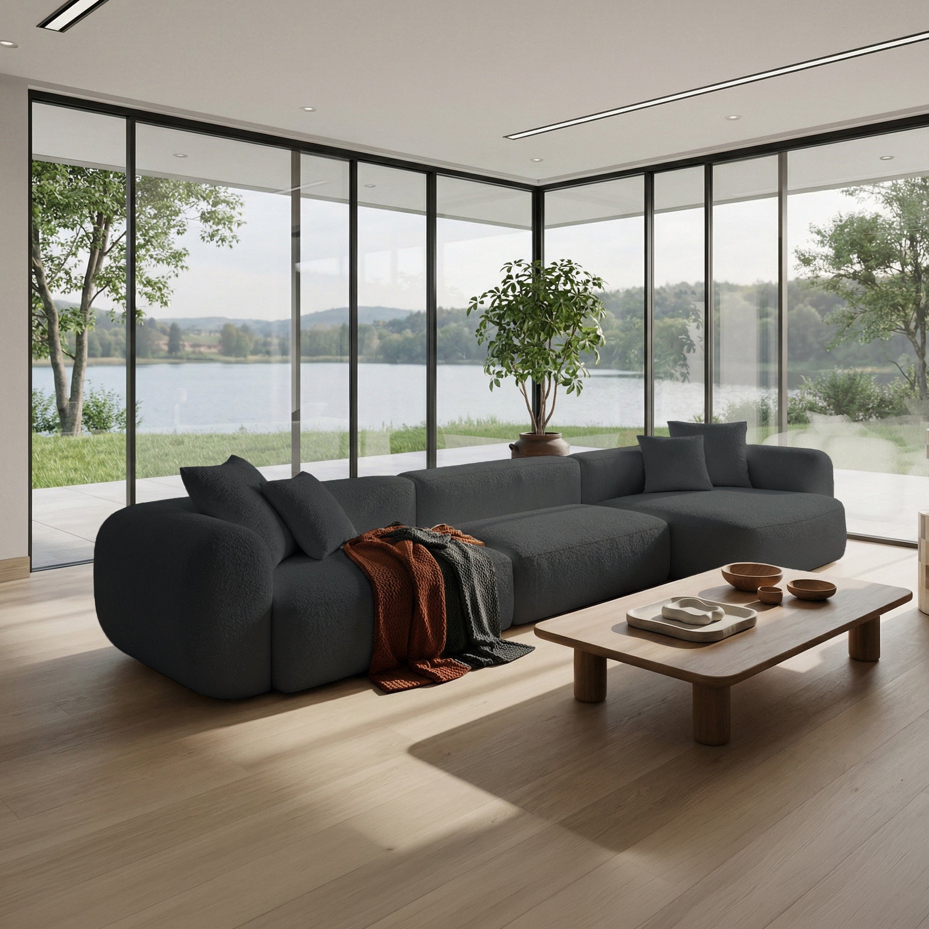 Modulares Ecksofa Baomi, groß, L-förmig, rechtsseitig, dunkelgrauer Chenille-Bezug