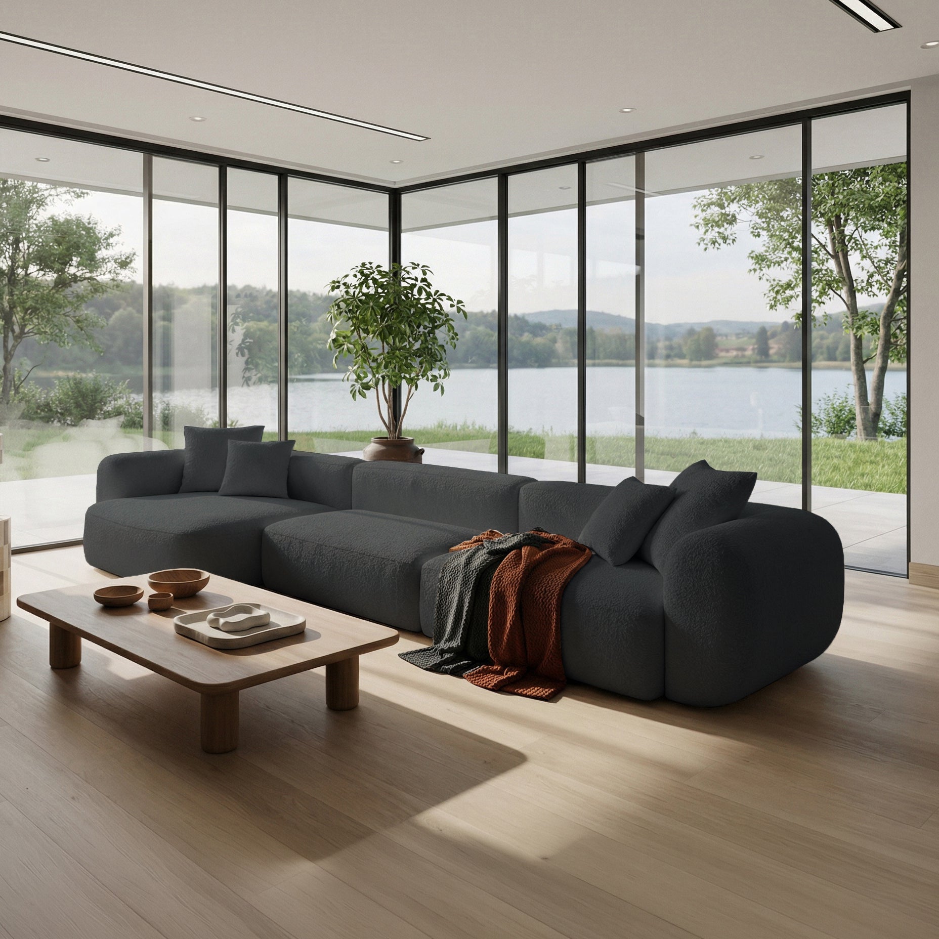 Modulares Ecksofa Baomi L-förmig groß, linksseitig, dunkelgrauer Chenille-Stoff