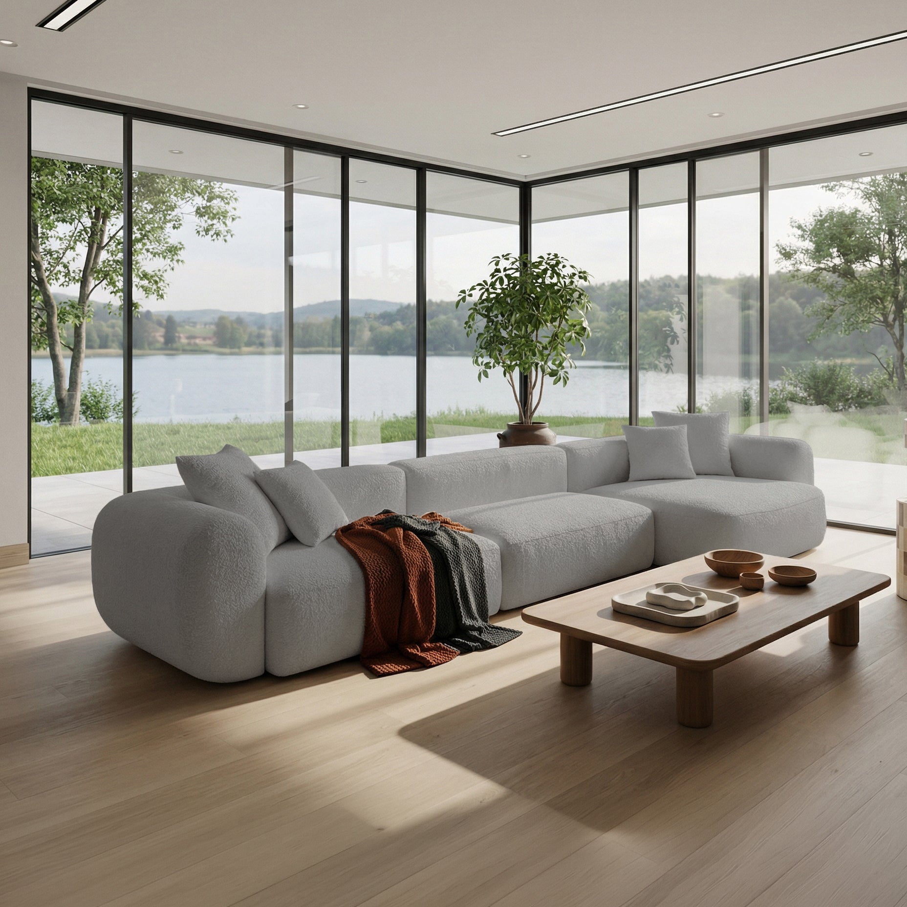 Modulares Ecksofa Baomi, groß, L-förmig, rechtsseitig, hellgrauer Chenille-Stoff