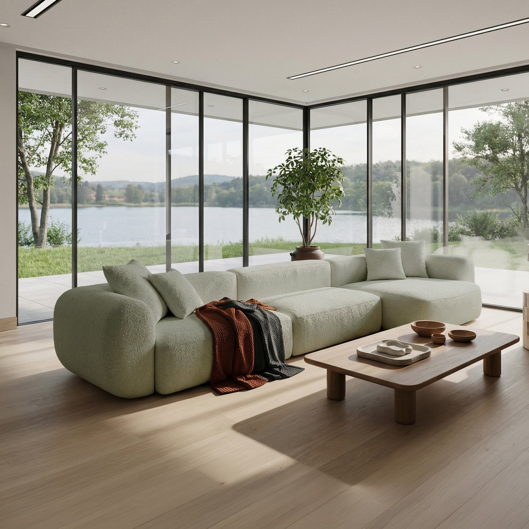 Modulares Ecksofa Baomi, großes L-förmiges, rechtsseitiges Modell, Salbeigrün Chenille