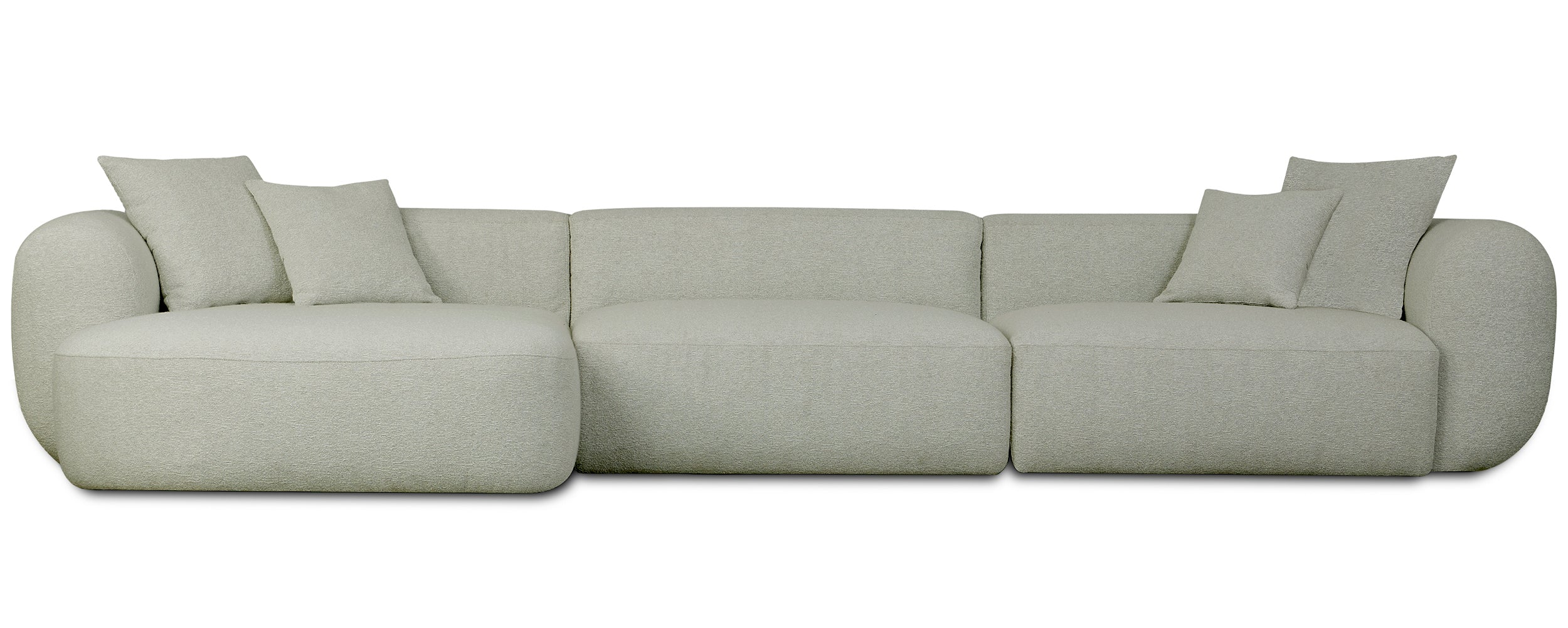 Modulare Eckcouch Baomi, großes L-förmiges Sofa mit Hocker, linksseitig, salbeigrüner Chenille-Stoff