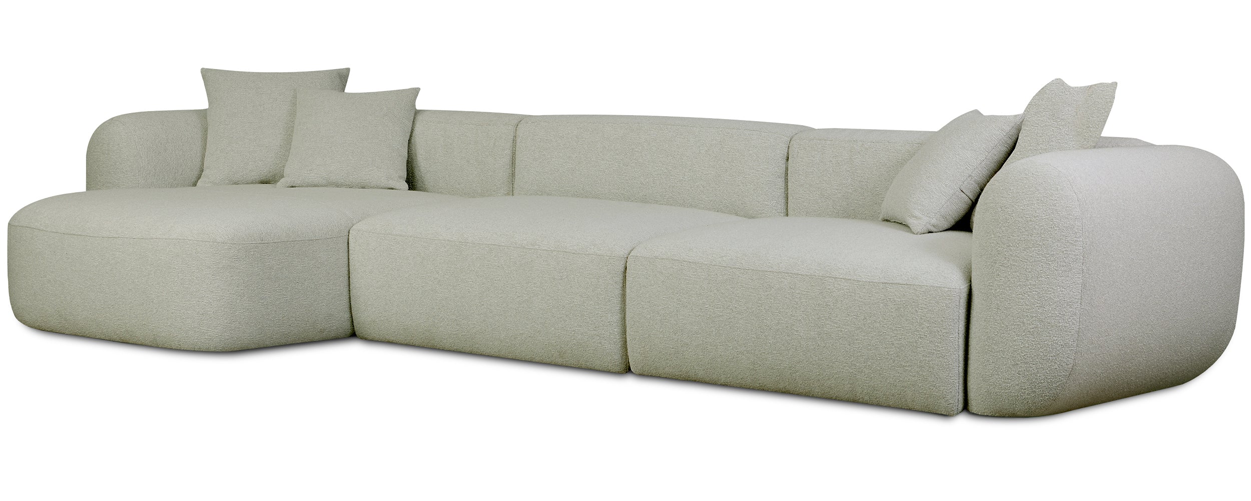 Modulare Eckcouch Baomi, großes L-förmiges Sofa mit Hocker, linksseitig, salbeigrüner Chenille-Stoff