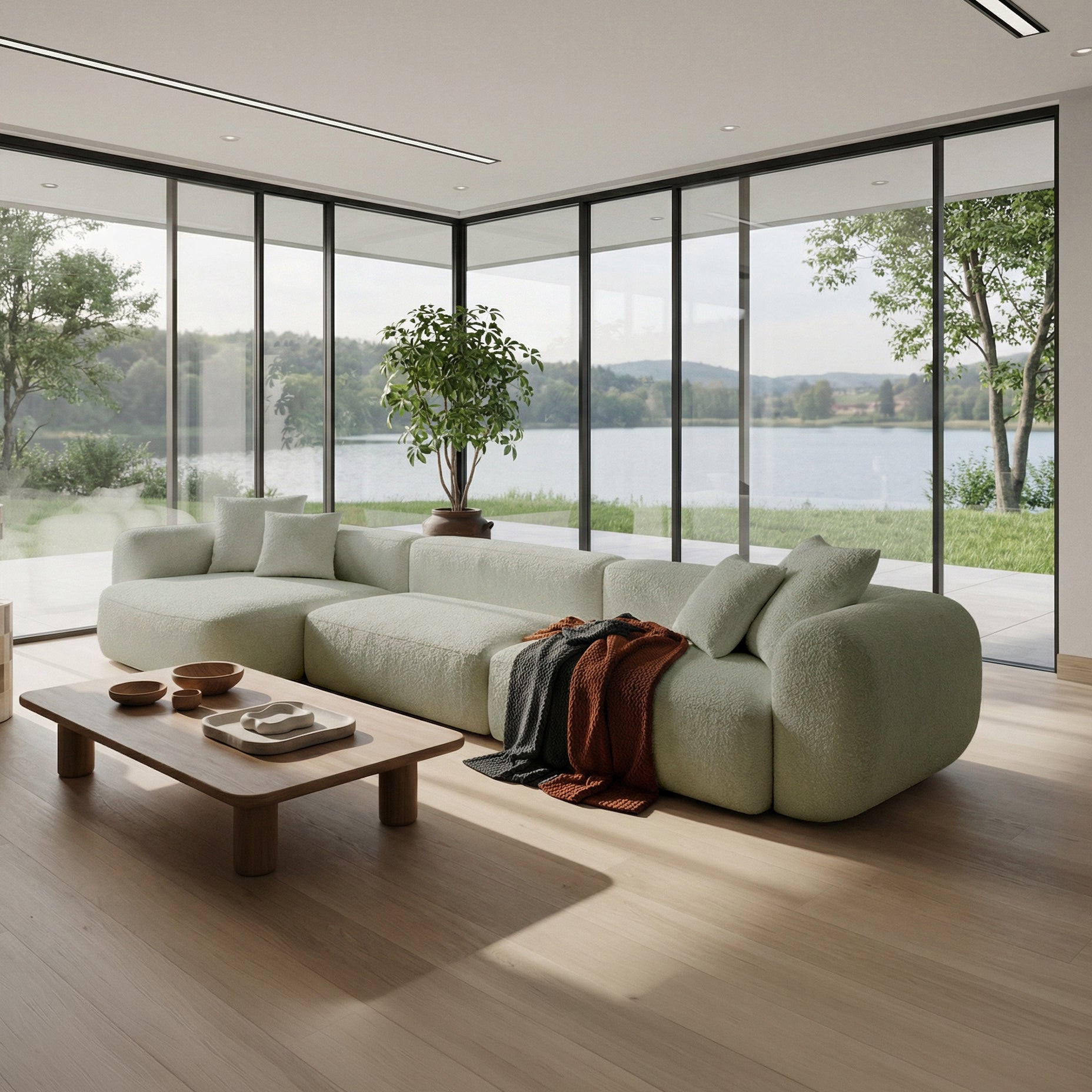 Modulare Eckcouch Baomi, großes L-förmiges Sofa mit Hocker, linksseitig, salbeigrüner Chenille-Stoff