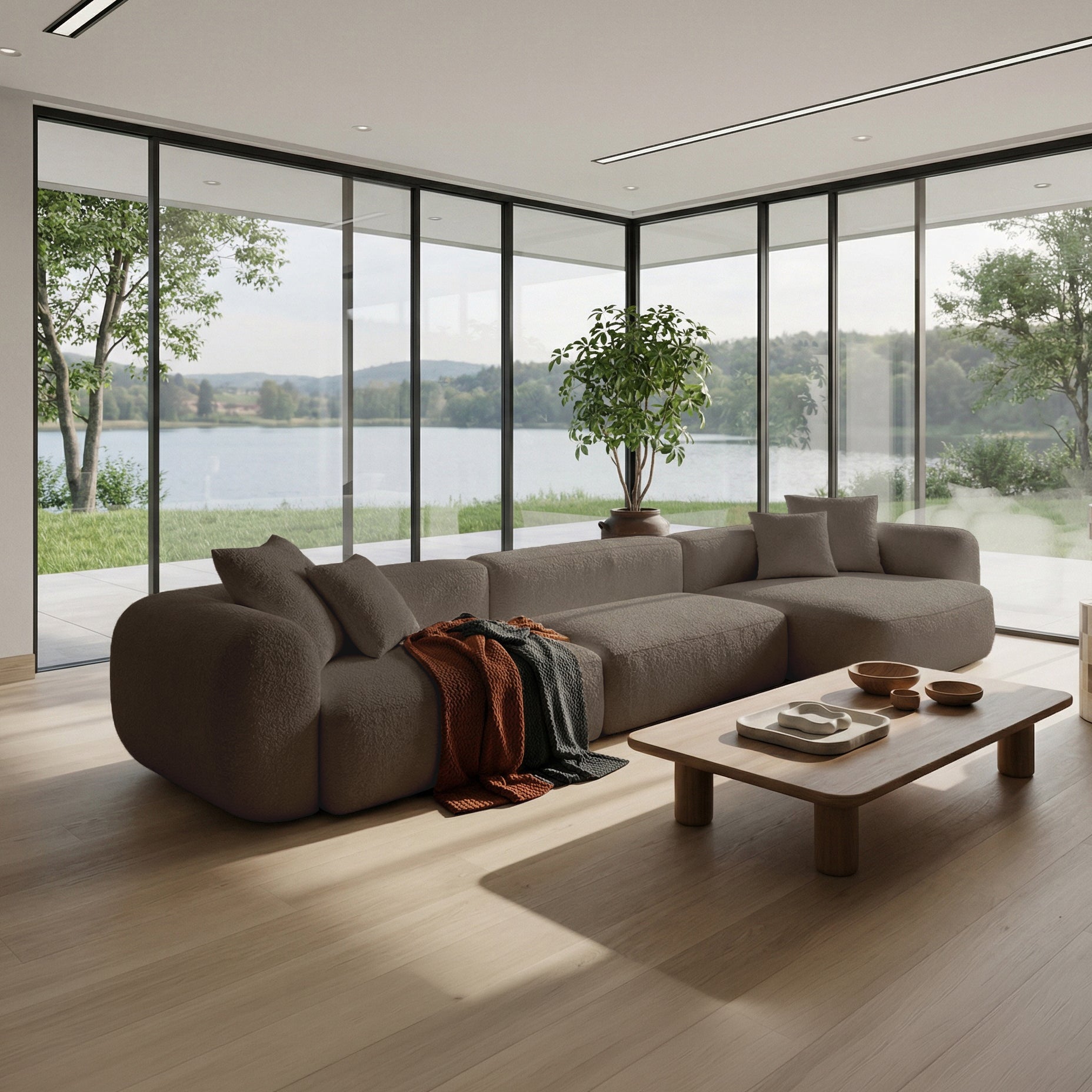 Modulares Ecksofa Baomi, großes L-förmiges, rechtsseitiges Modell, hellbraunes Chenille