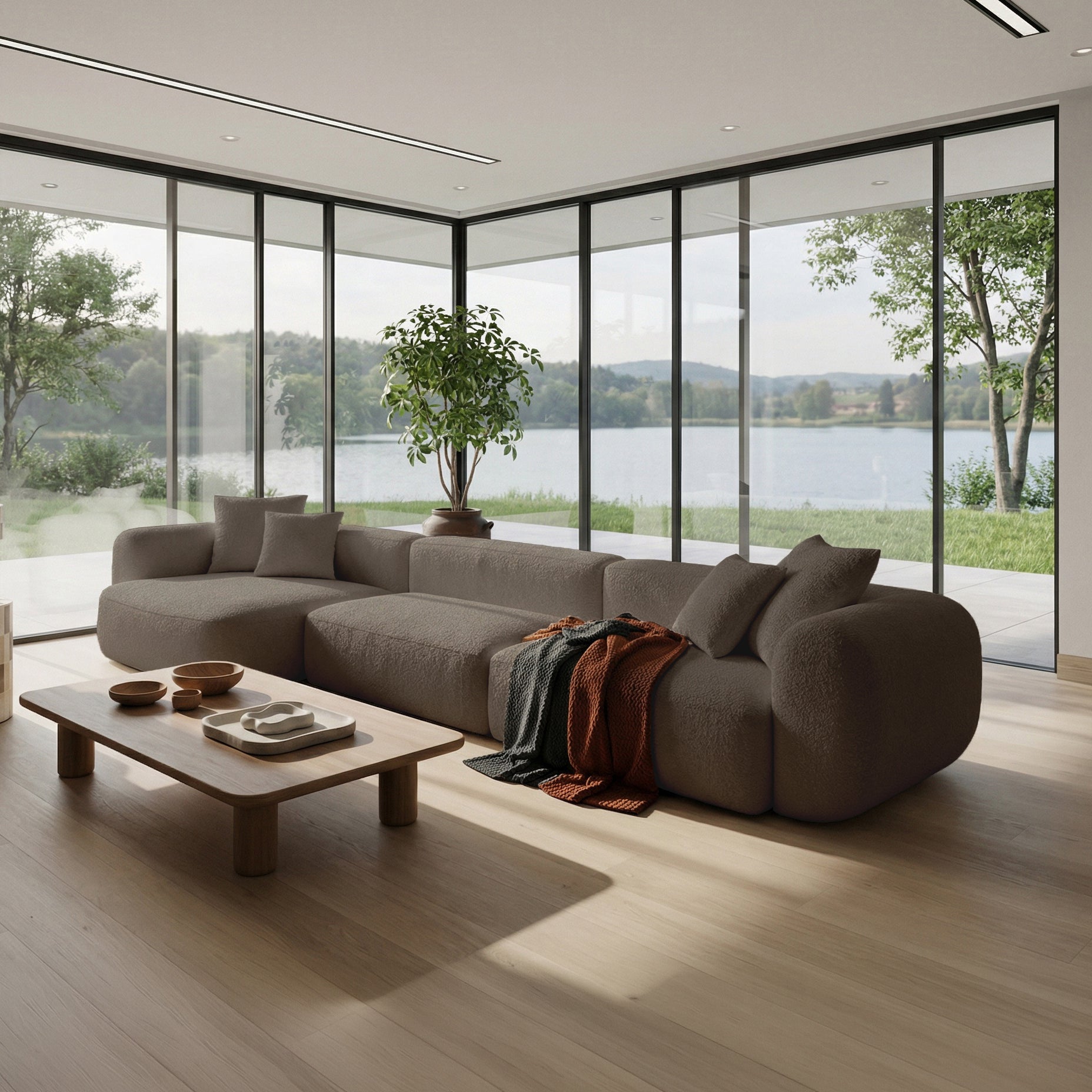Modulares Ecksofa Baomi, groß, L-förmig, links, hellbraunes Chenille