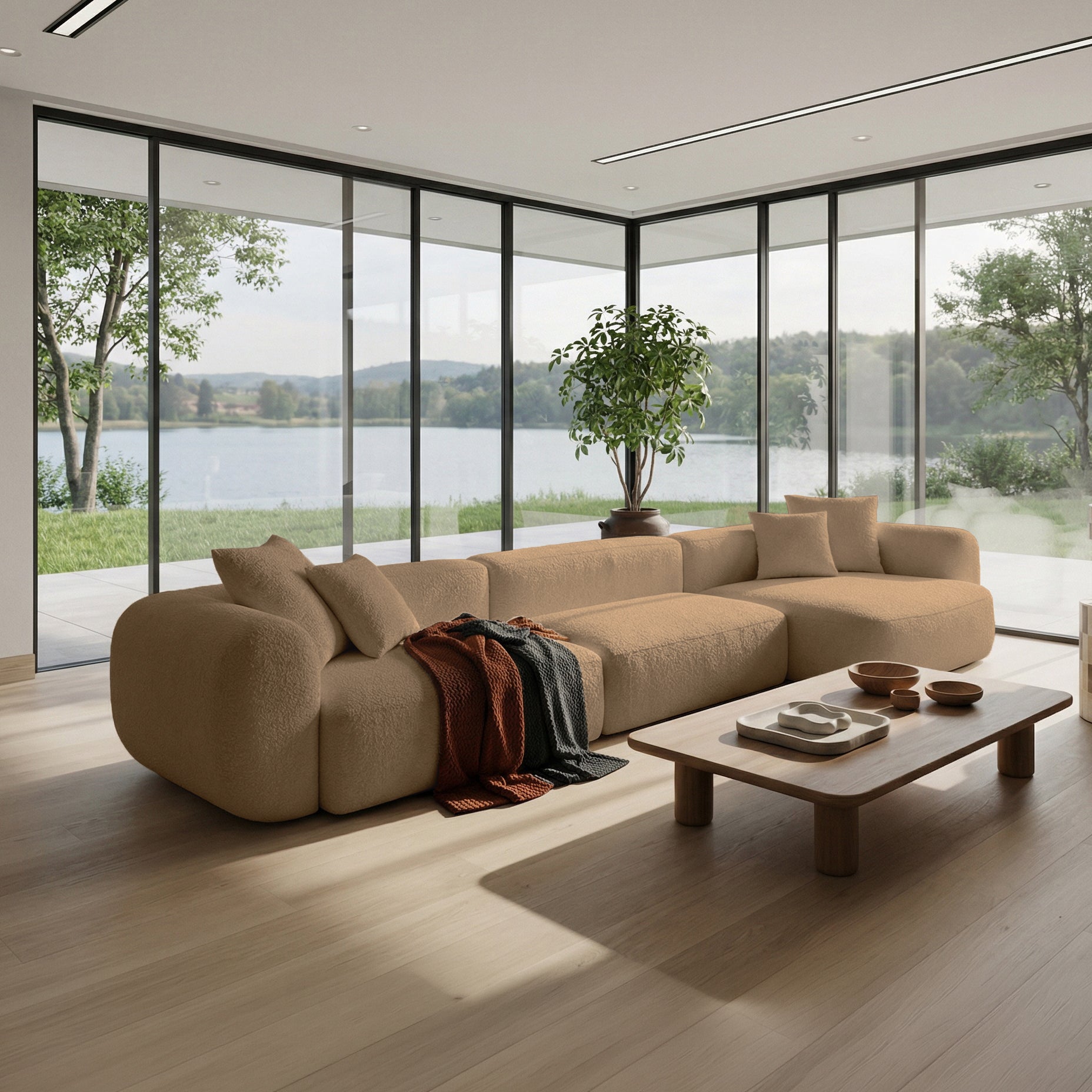 Großes L-förmiges modulares Ecksofa Baomi mit Pouf, rechtsseitig, senfgelber Chenille-Stoff