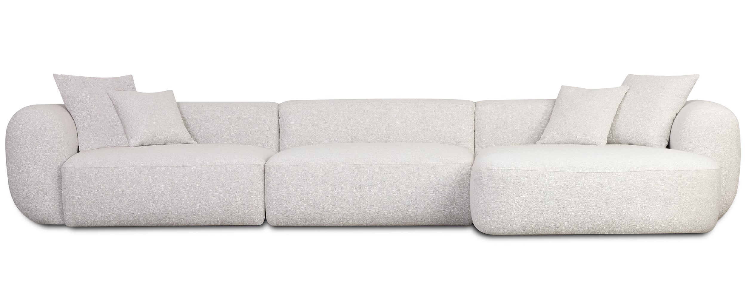 Modulares Ecksofa Baomi, großes L-förmiges, mit Pouf, rechtsseitig, grau-beige Chenille