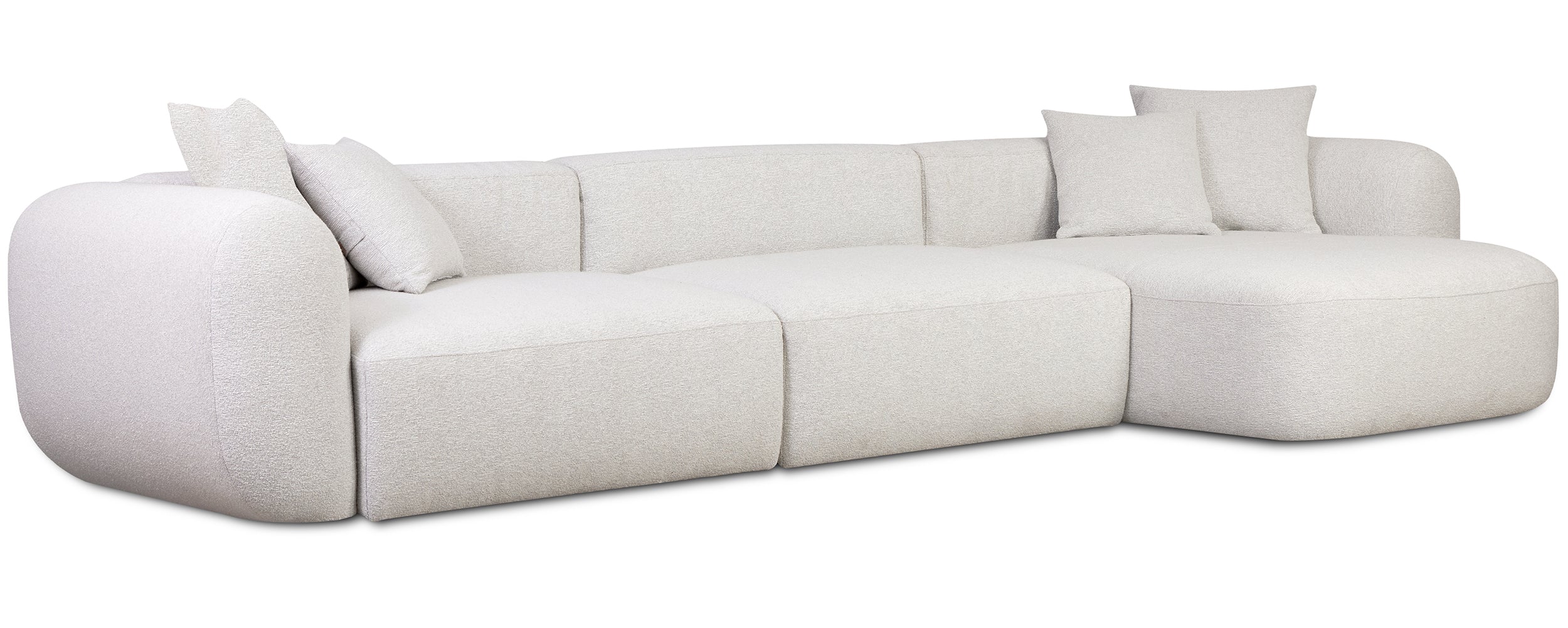 Modulares Ecksofa Baomi, großes L-förmiges, mit Pouf, rechtsseitig, grau-beige Chenille