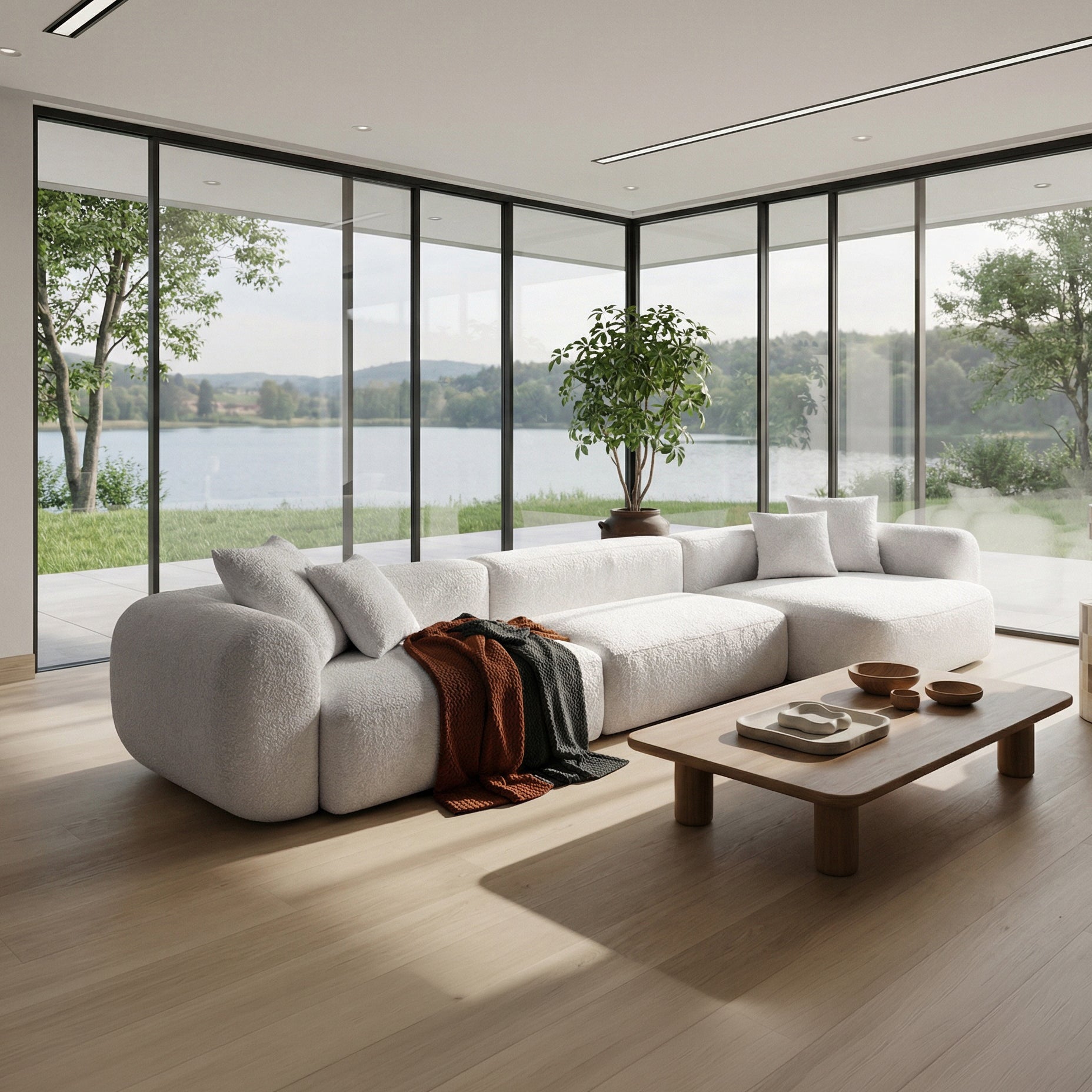 Modulares Ecksofa Baomi, groß, L-förmig, rechtsseitig, grau-beige Chenille