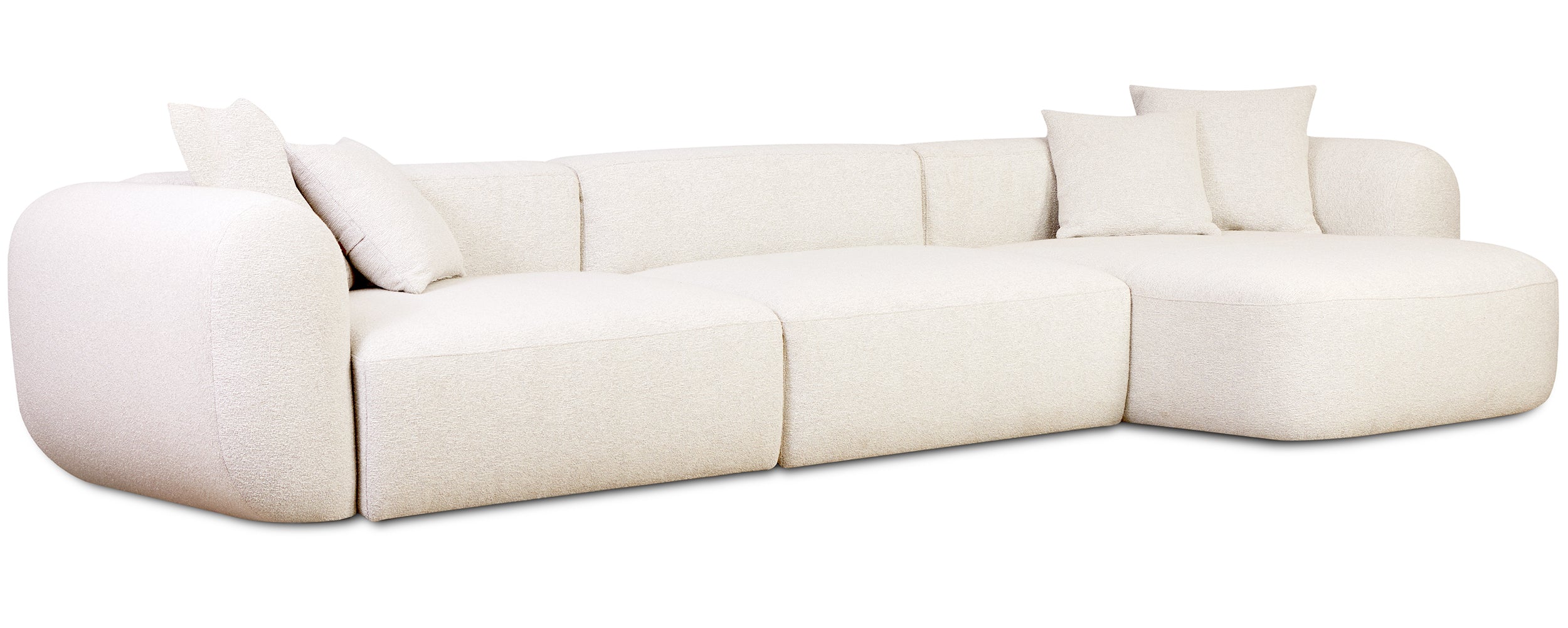Großes, modular-eckiges Baomi-Sofa in L-Form mit Pouf, rechtsseitig, cremefarbener Chenille-Stoff
