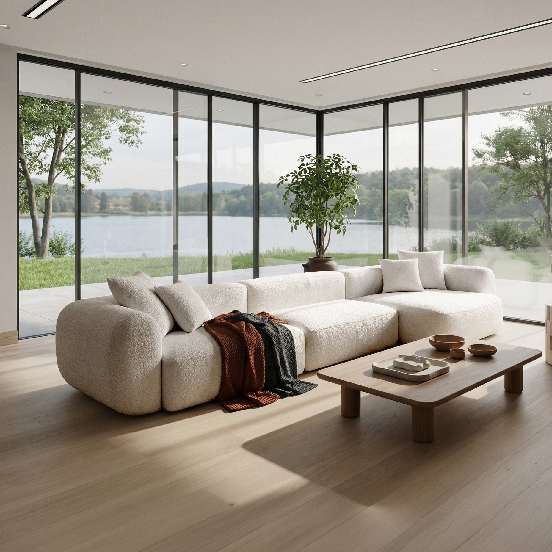 Modulares Ecksofa Baomi, groß, L-förmig, rechtsseitig, cremefarben, Chenille